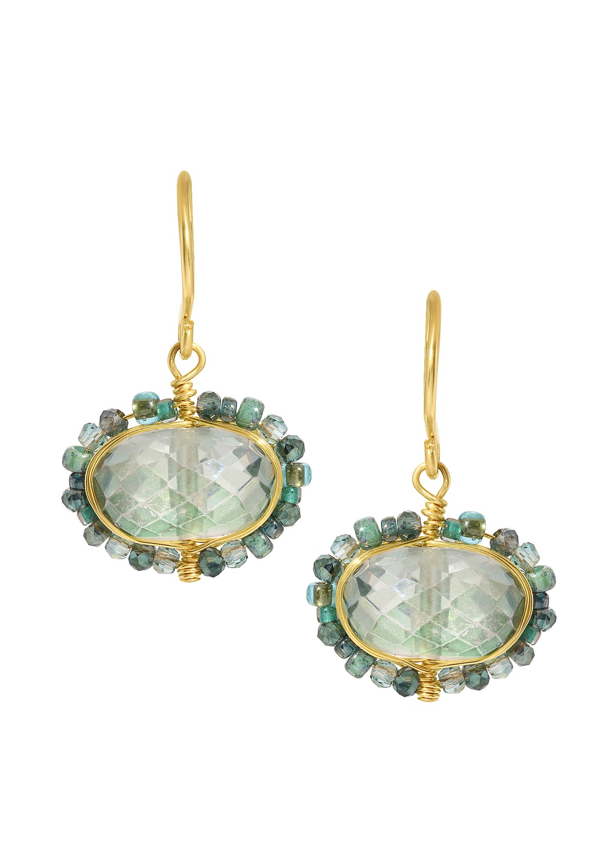 Green quartz rondelle earrings with 14k gold fill hand wire-wrapped frames and evergreen crystal seed beads.