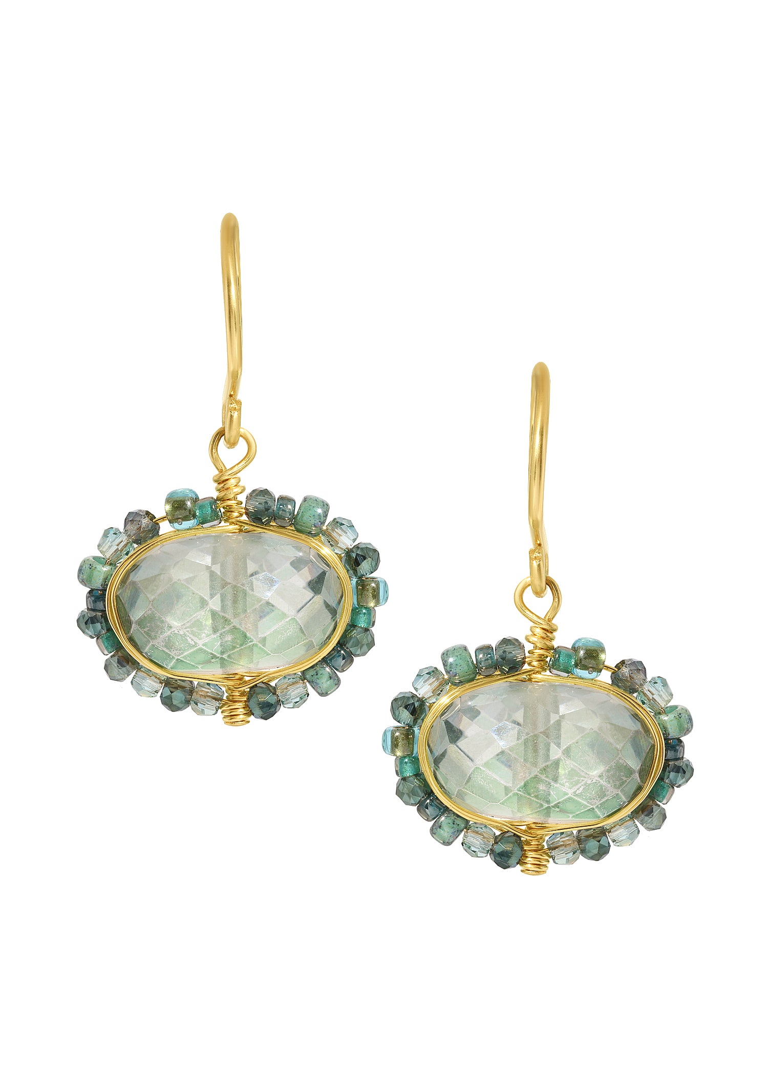 Green quartz rondelle earrings with 14k gold fill hand wire-wrapped frames and evergreen crystal seed beads.