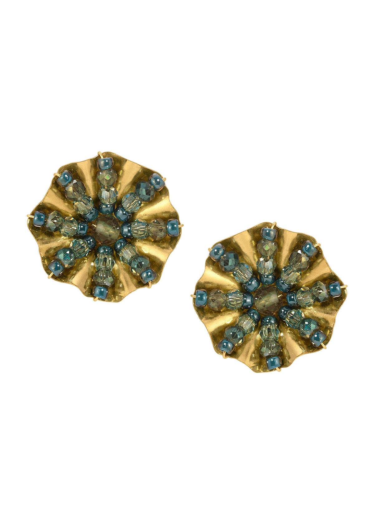 Stud earrings with green apatite seed beads on 14k gold fill, featuring a hand-ruffled, 1/2-inch circular design.