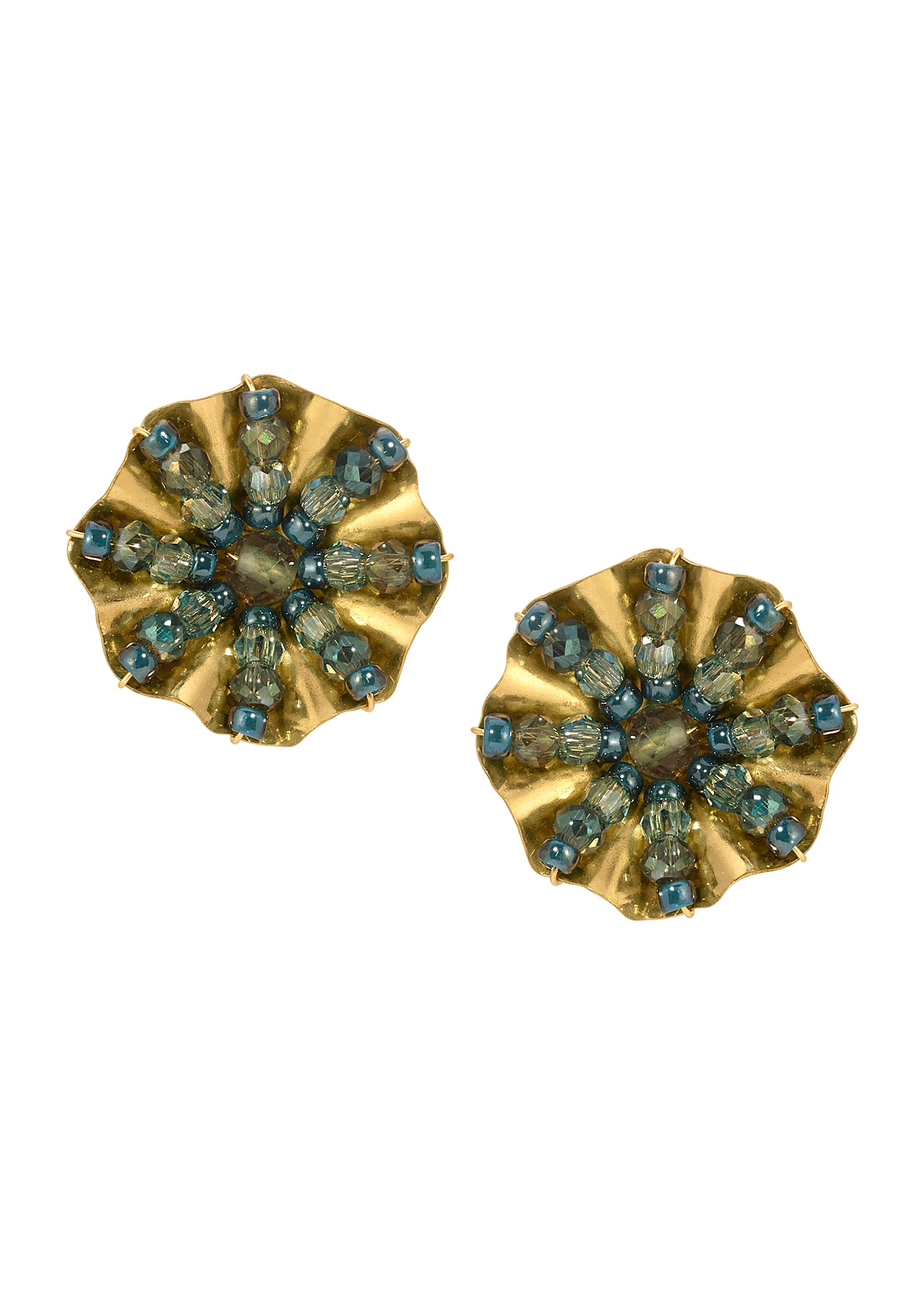 Stud earrings with green apatite seed beads on 14k gold fill, featuring a hand-ruffled, 1/2-inch circular design.