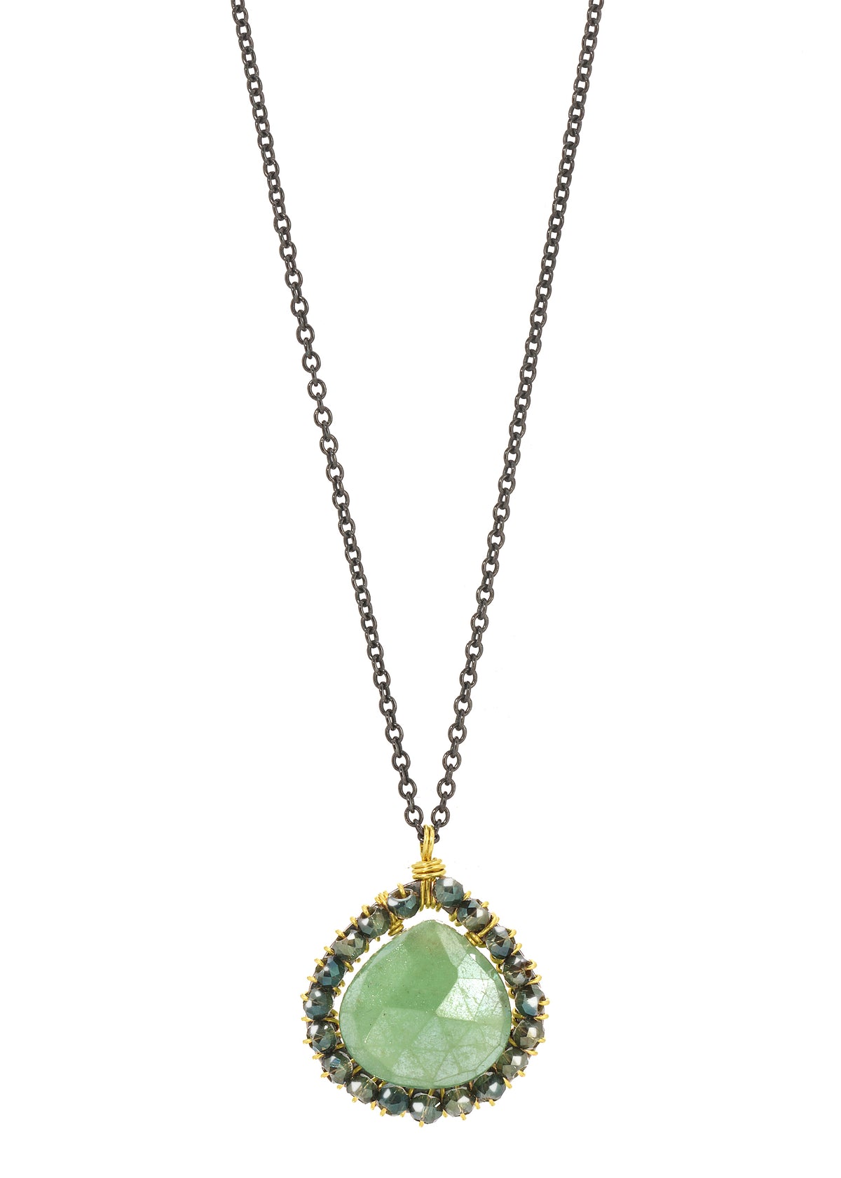 Teardrop necklace with green onyx, hand wire-wrapped in 14k gold fill on a blackened sterling silver chain.