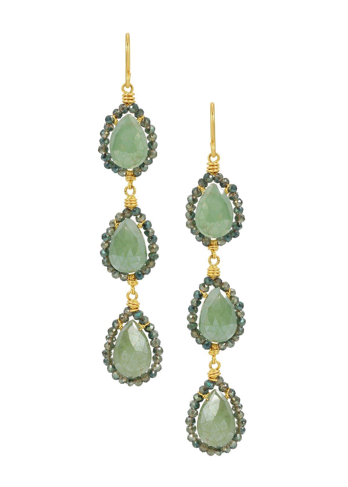 Triple drop earrings with green onyx, 14k gold fill, and hand wire-wrapped teardrop stones in a vertical arrangement.