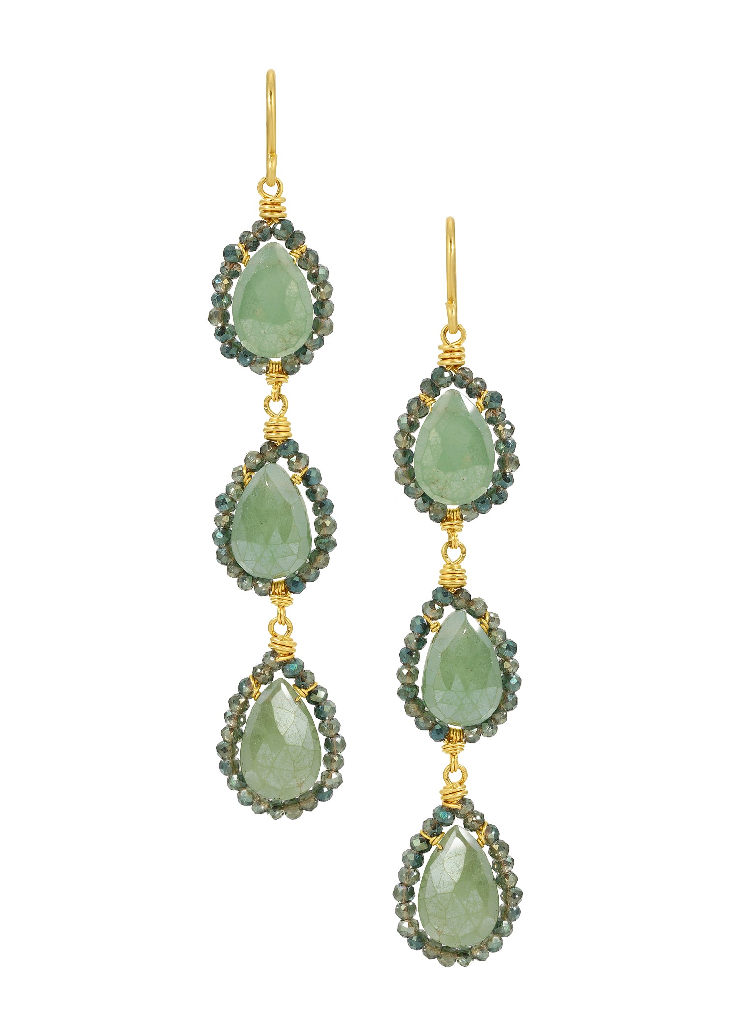 Triple drop earrings with green onyx, 14k gold fill, and hand wire-wrapped teardrop stones in a vertical arrangement.