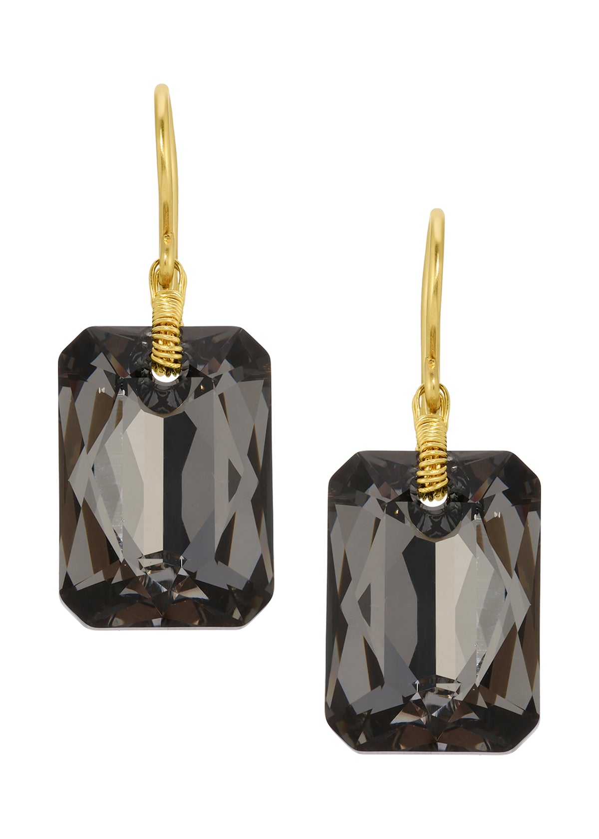 Charcoal crystal earrings with 14k gold fill, featuring hand wire-wrapped rectangular stones on ear wires.