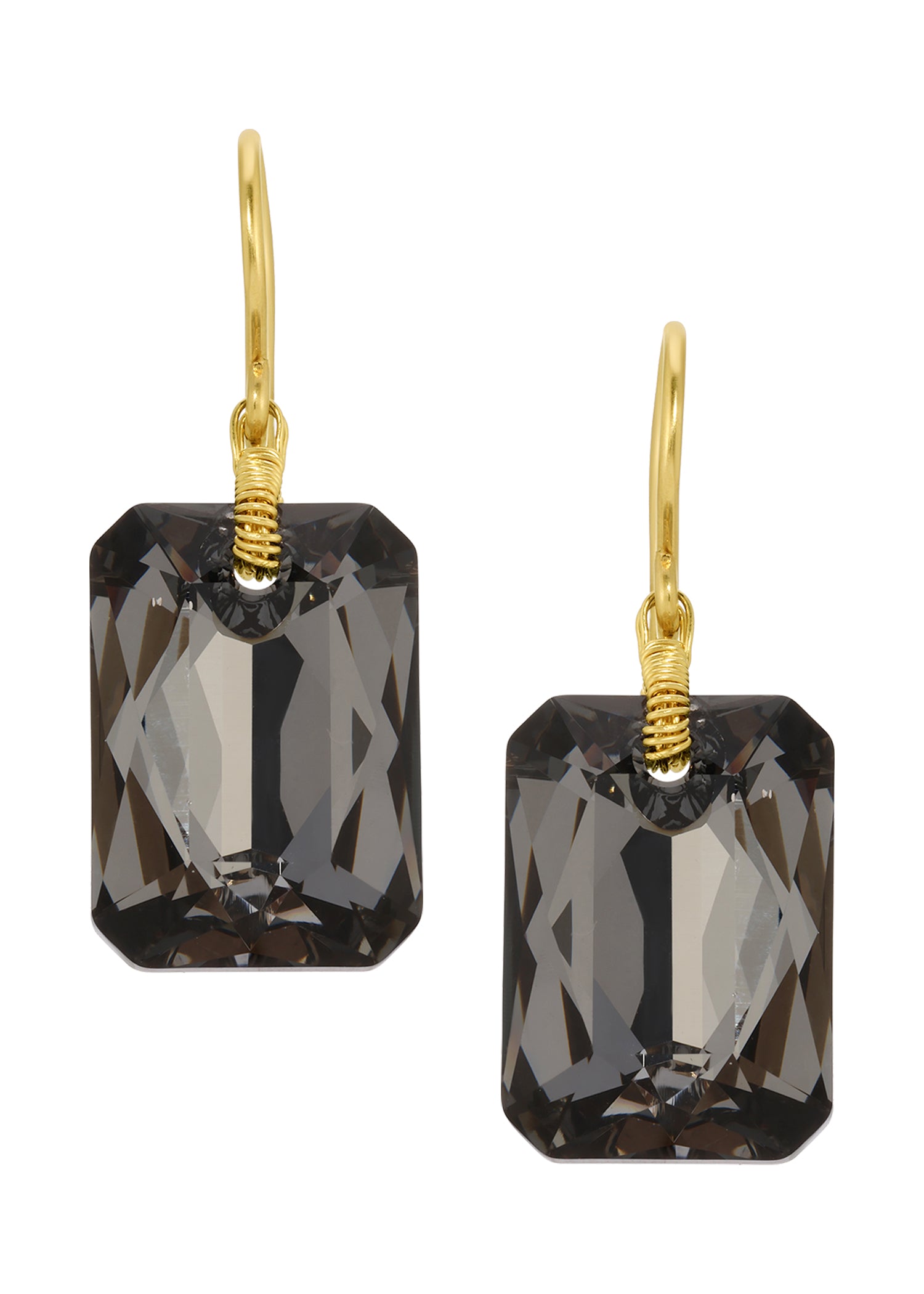 Charcoal crystal earrings with 14k gold fill, featuring hand wire-wrapped rectangular stones on ear wires.