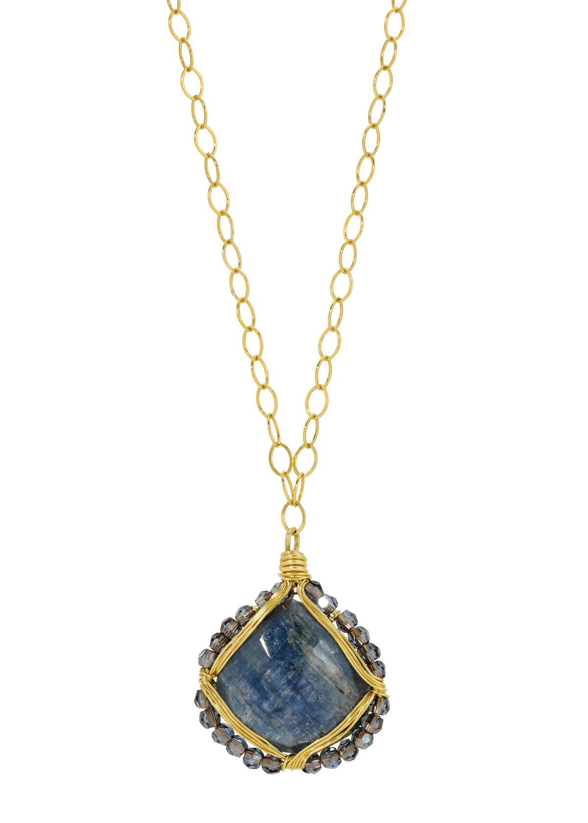 Kyanite fob necklace with hand wire-wrapped 14k gold fill, blue stone, and charcoal crystals on a gold chain.