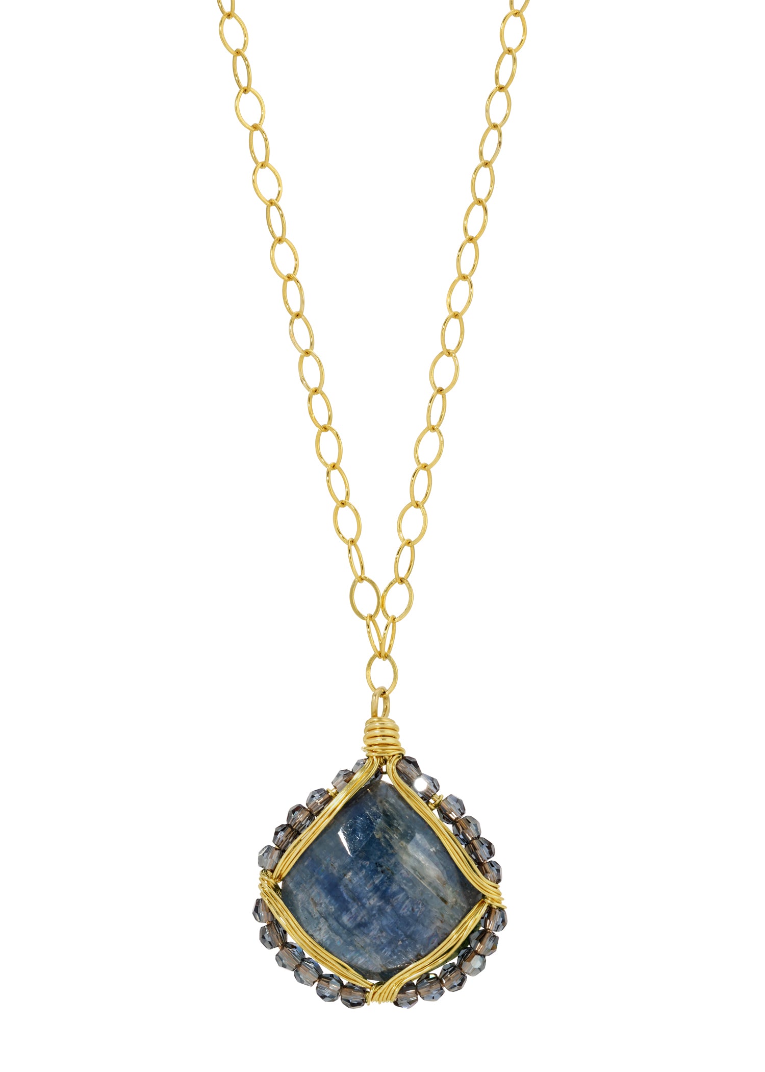 Kyanite fob necklace with hand wire-wrapped 14k gold fill, blue stone, and charcoal crystals on a gold chain.