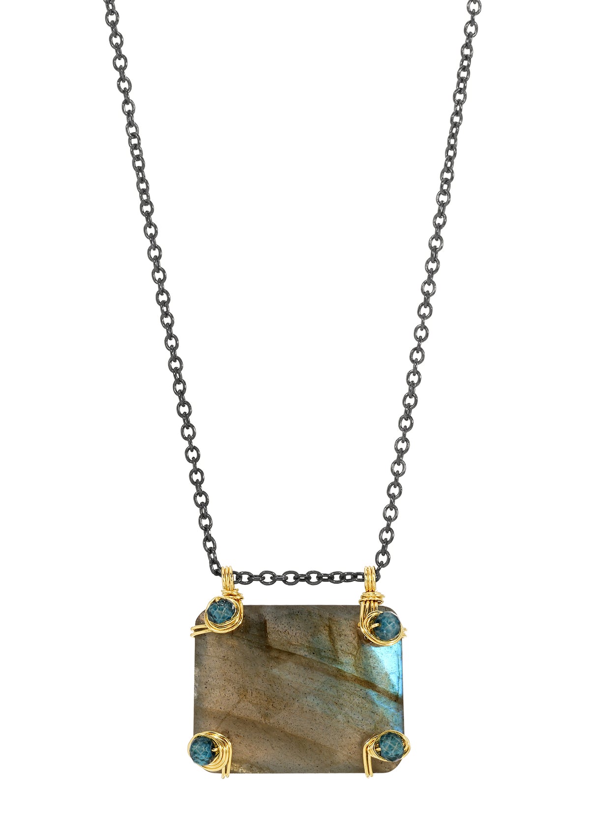 Labradorite pulley necklace with London blue quartz, hand wire-wrapped in 14k gold fill on a blackened sterling silver chain.