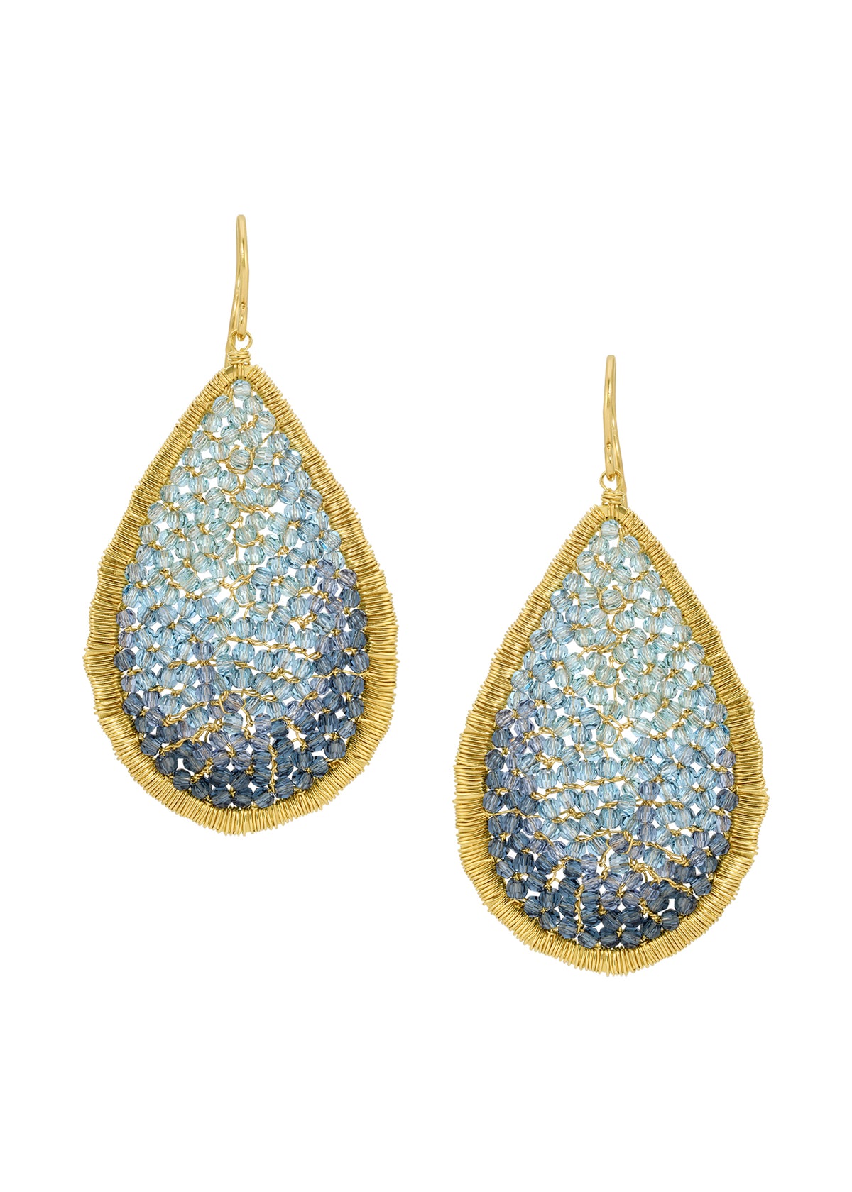 Crystal mosaic earrings in 14k gold fill with hand wire-wrapped ocean ombré crystals in a teardrop shape.