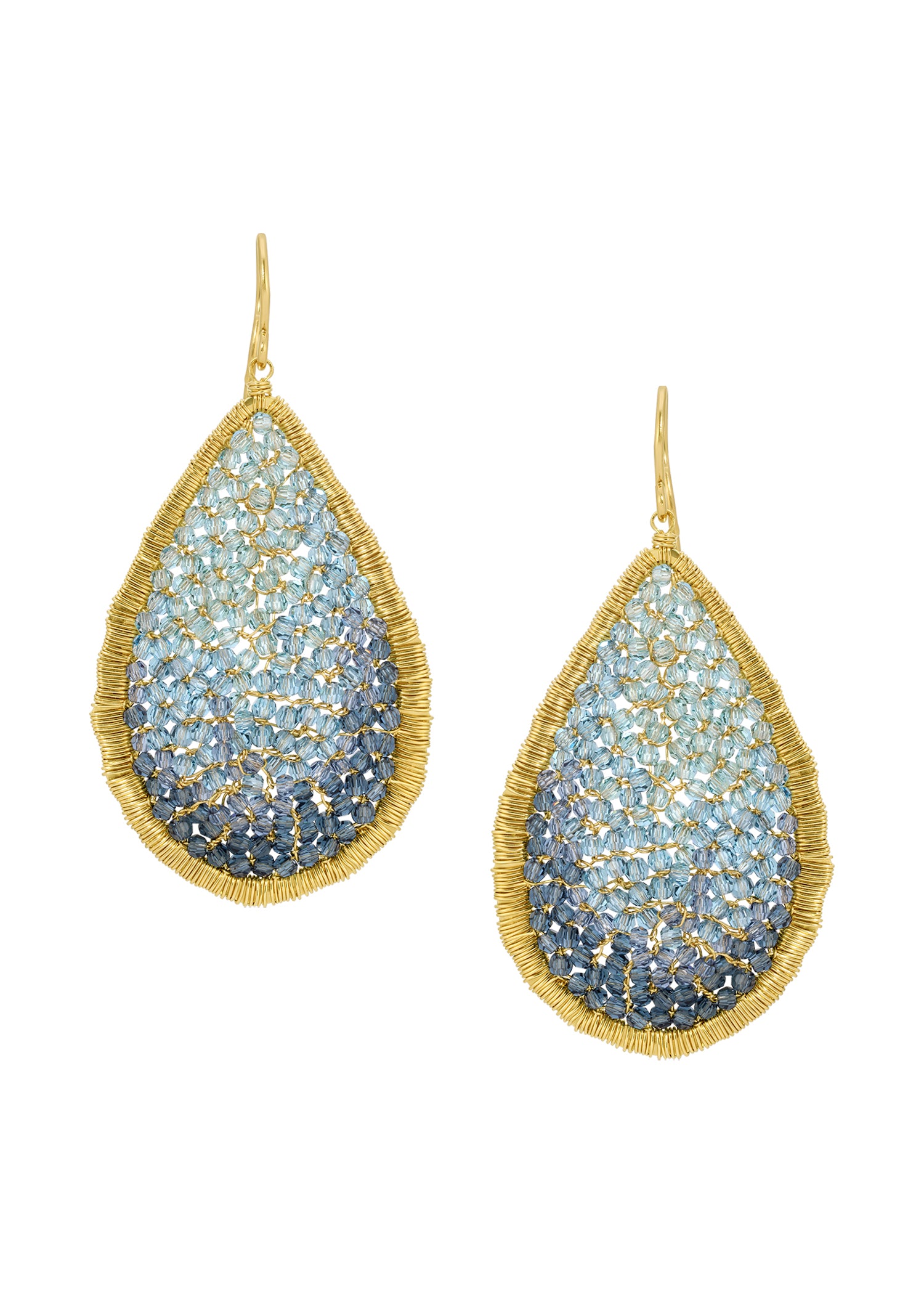 Crystal mosaic earrings in 14k gold fill with hand wire-wrapped ocean ombré crystals in a teardrop shape.