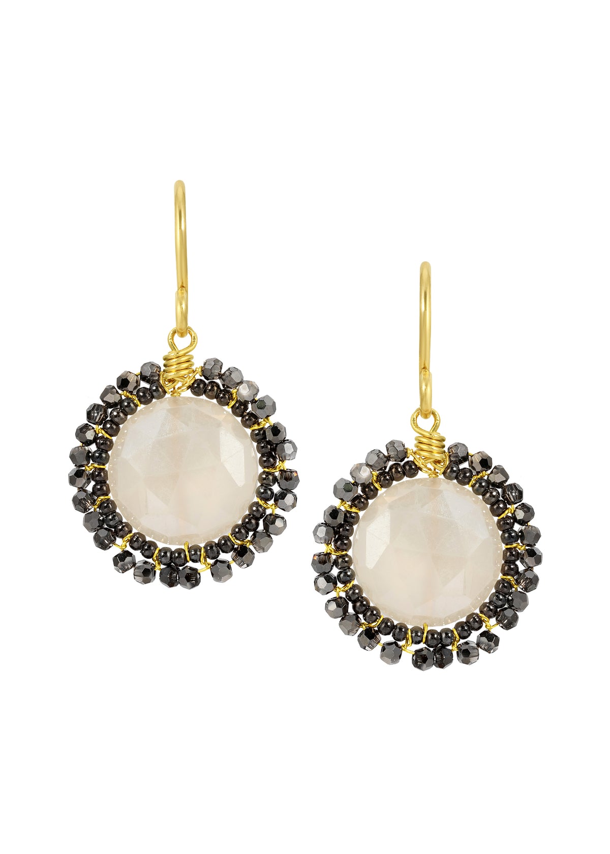 Anemone earrings with chalcedony, hematite seed beads, and hand wire-wrapped 14k gold fill on round, white-black drops.