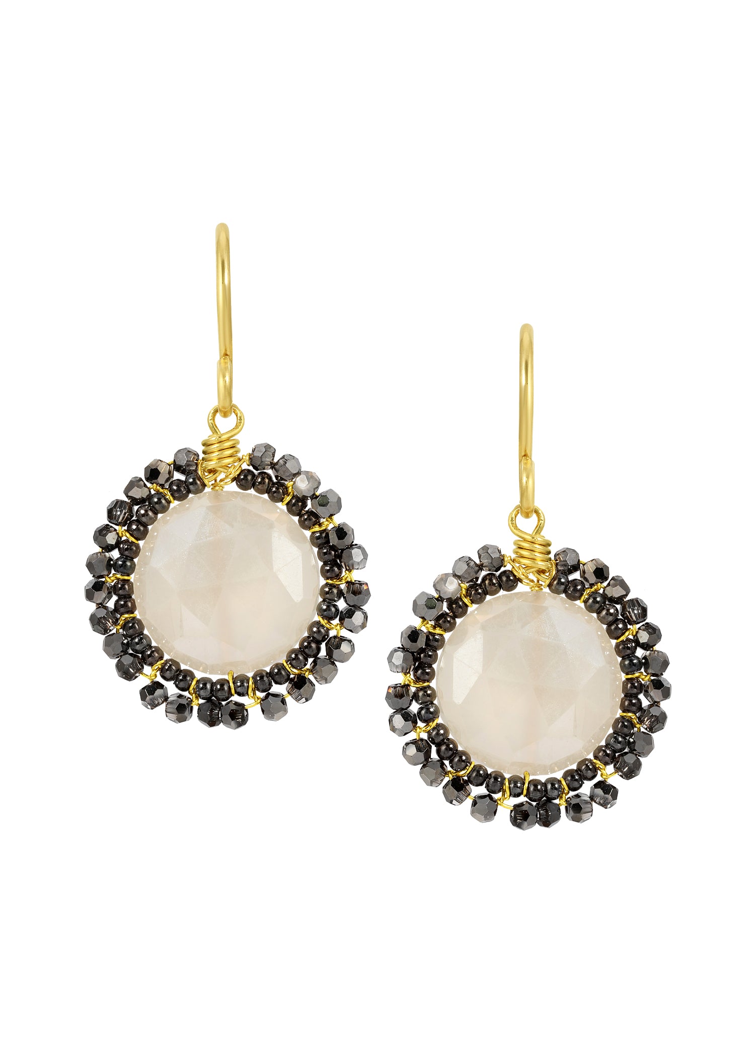 Anemone earrings with chalcedony, hematite seed beads, and hand wire-wrapped 14k gold fill on round, white-black drops.