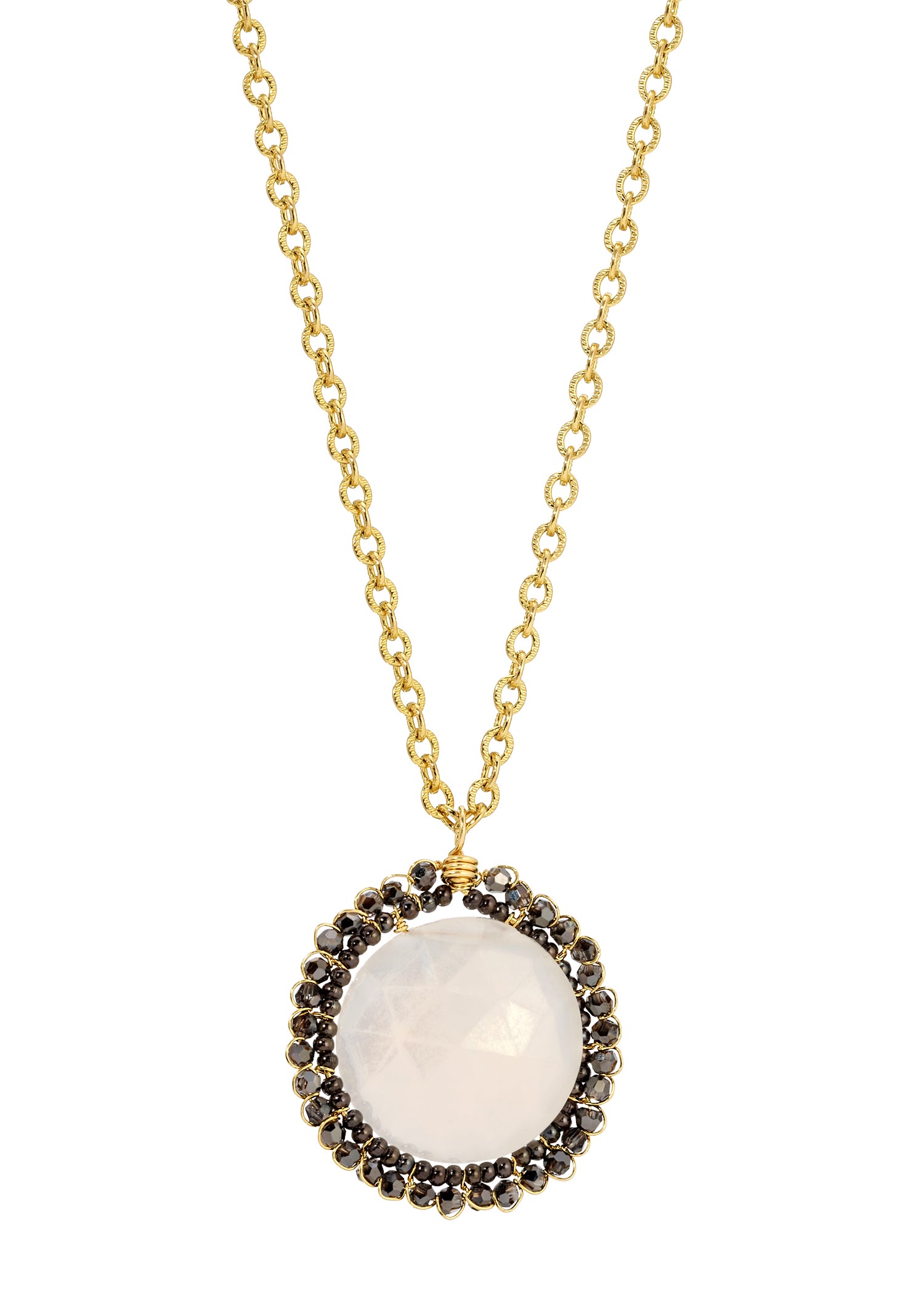 Chalcedony and hematite seed bead necklace in 14k gold fill with a round hand wire-wrapped pendant on a textured chain.