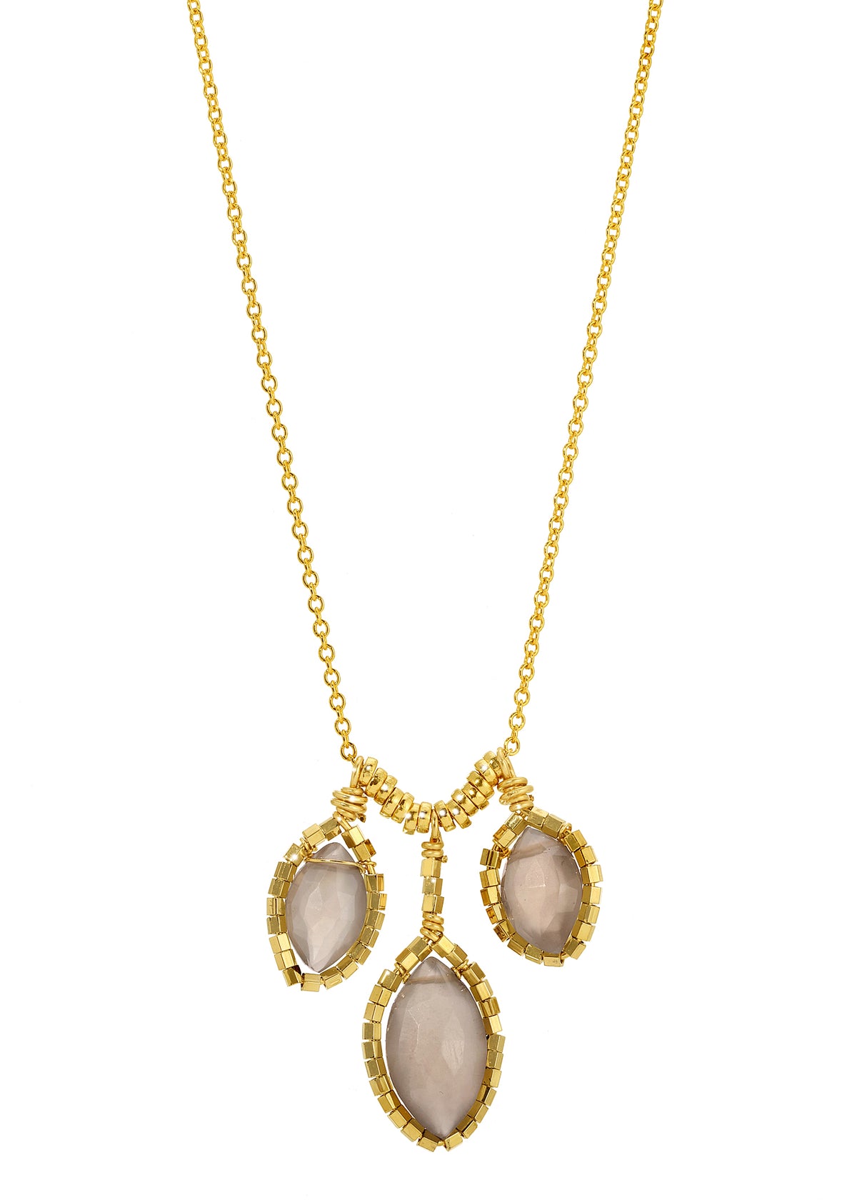 Leaf cluster necklace with gray moonstone drops, 14k gold fill sliding beads, and hand wire-wrapped settings.