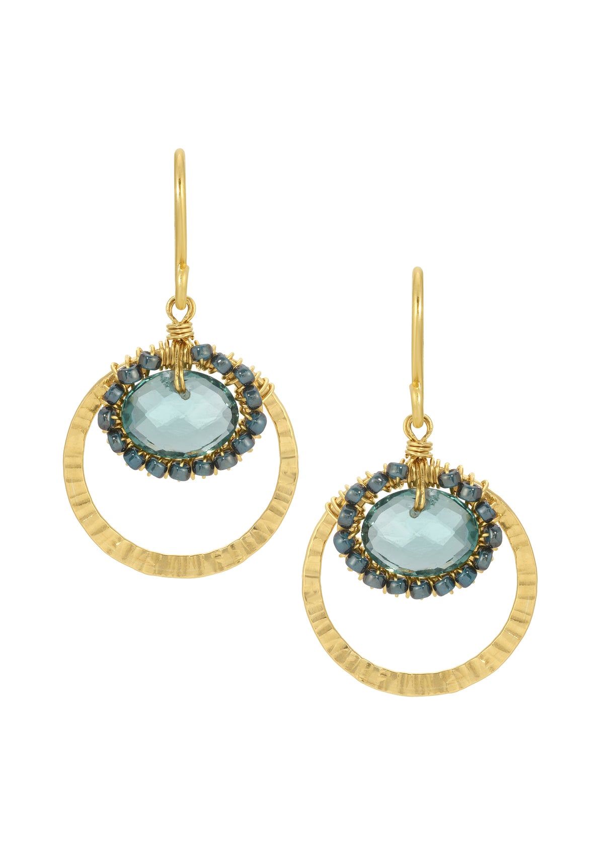 Hoop earrings with light teal briolettes, 14k gold fill, and hand wire-wrapped seed beads on textured gold hoops.