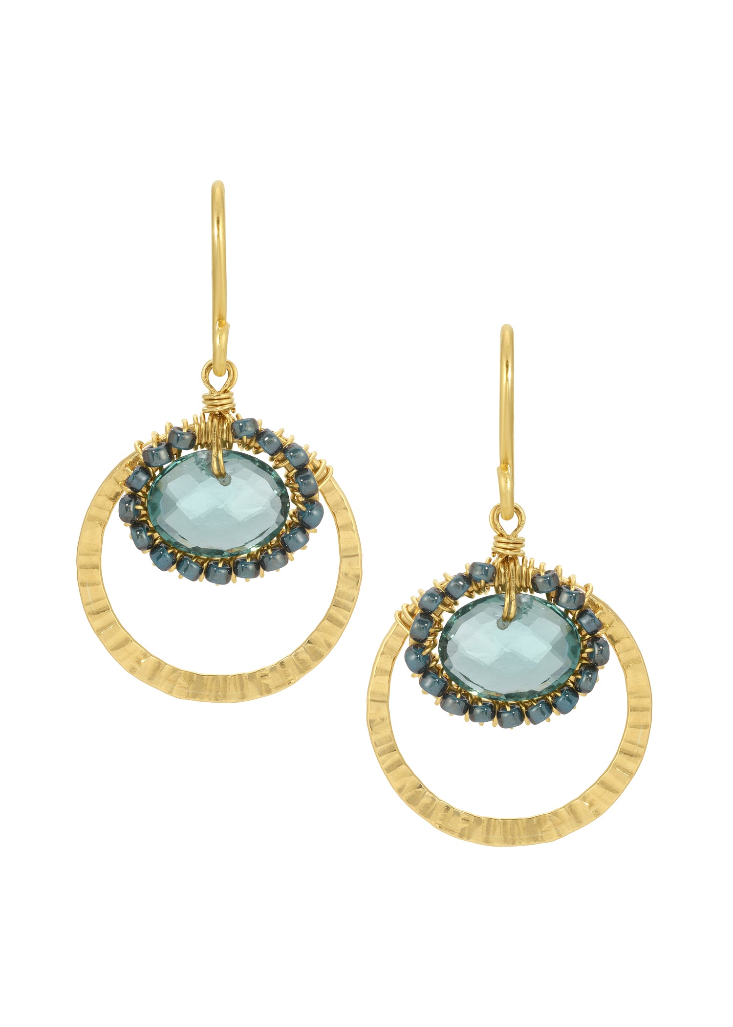 Hoop earrings with light teal briolettes, 14k gold fill, and hand wire-wrapped seed beads on textured gold hoops.