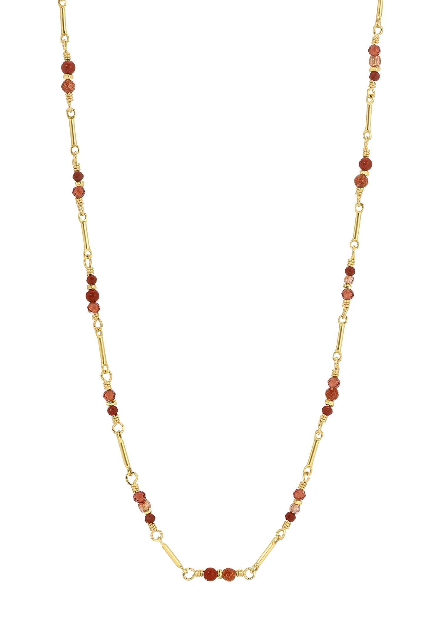 Necklace with red garnet, jasper, and gold stone beads, hand wire-wrapped on 14k gold fill elongated links.