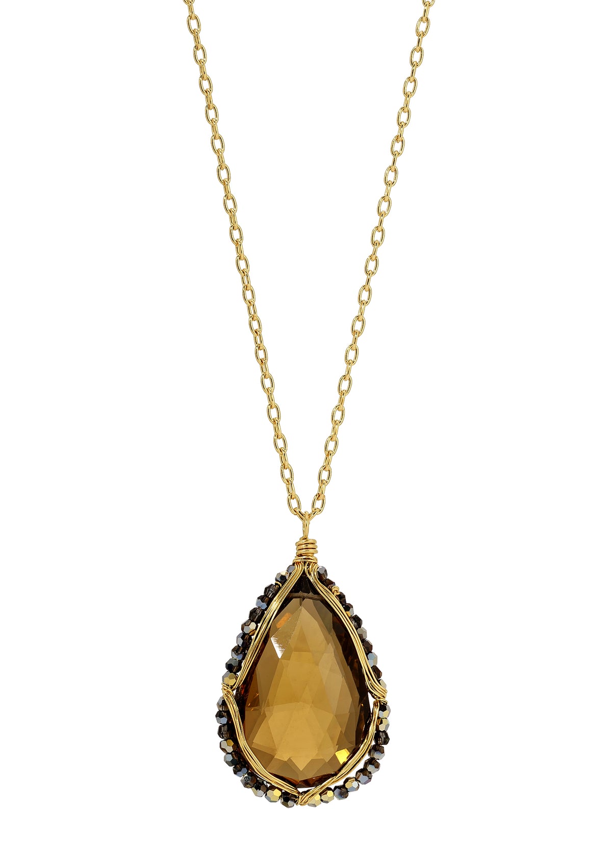 Whiskey quartz necklace in 14k gold fill, featuring a hand wire-wrapped teardrop pendant with crystal accents.
