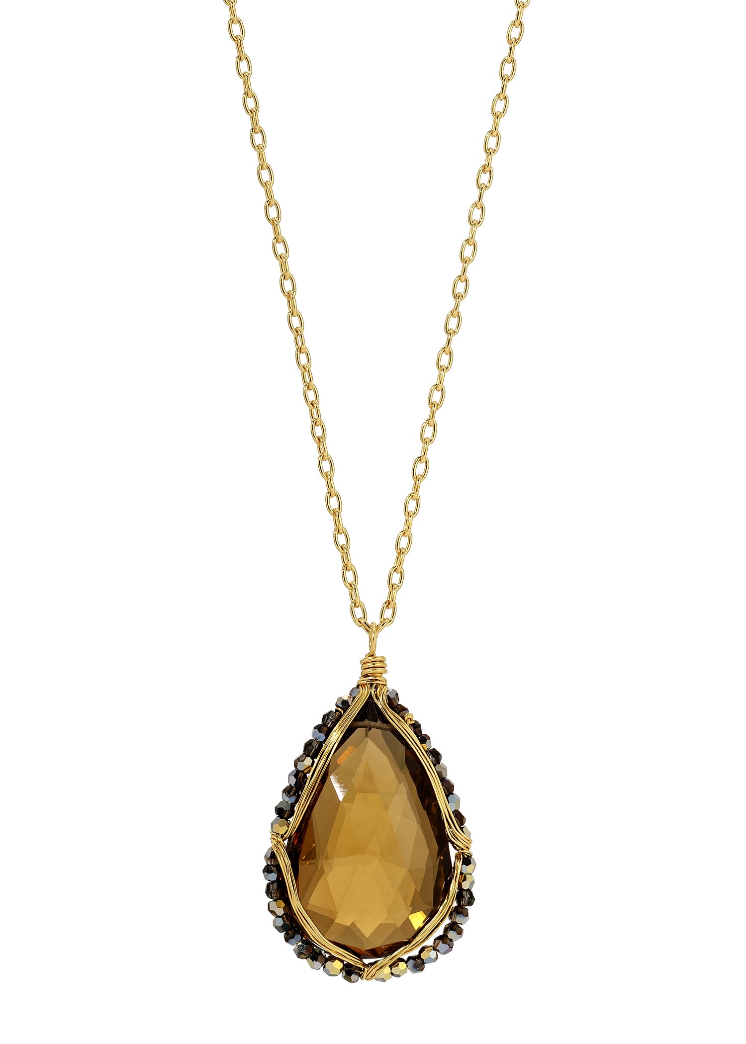 Whiskey quartz necklace in 14k gold fill, featuring a hand wire-wrapped teardrop pendant with crystal accents.