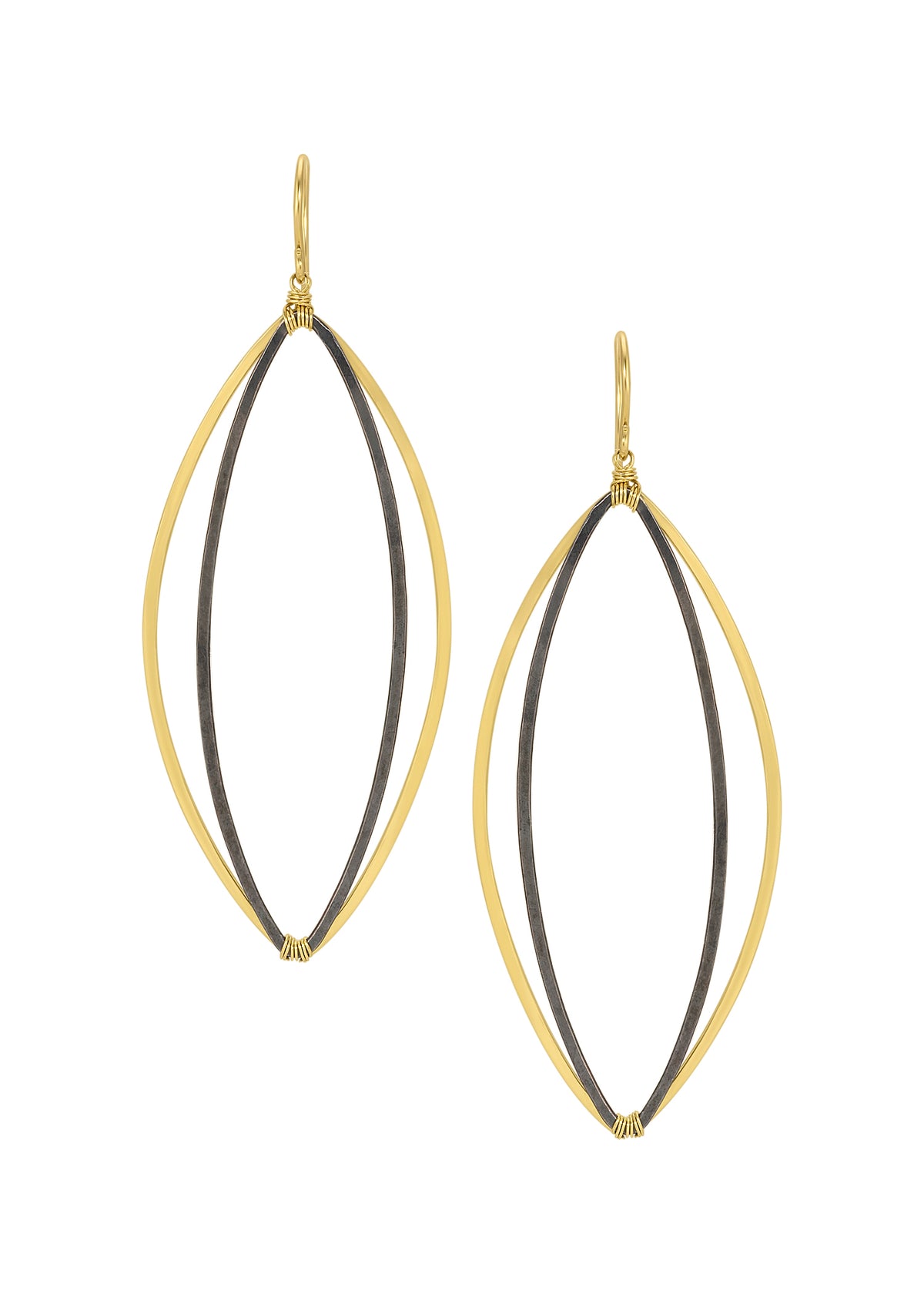 Marquis earrings featuring hand wire-wrapped 14k gold fill and blackened sterling silver in a superimposed shape.