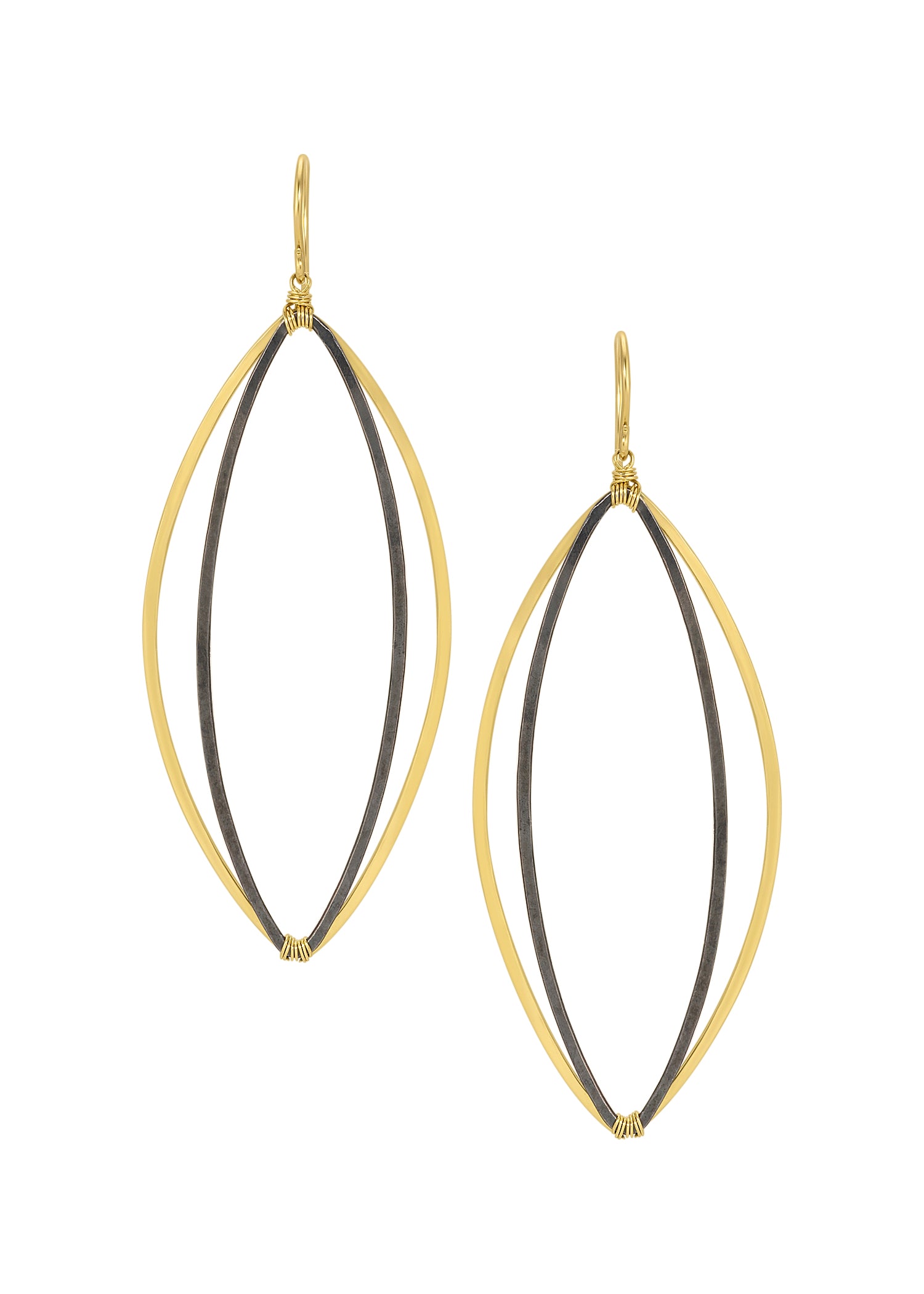 Marquis earrings featuring hand wire-wrapped 14k gold fill and blackened sterling silver in a superimposed shape.