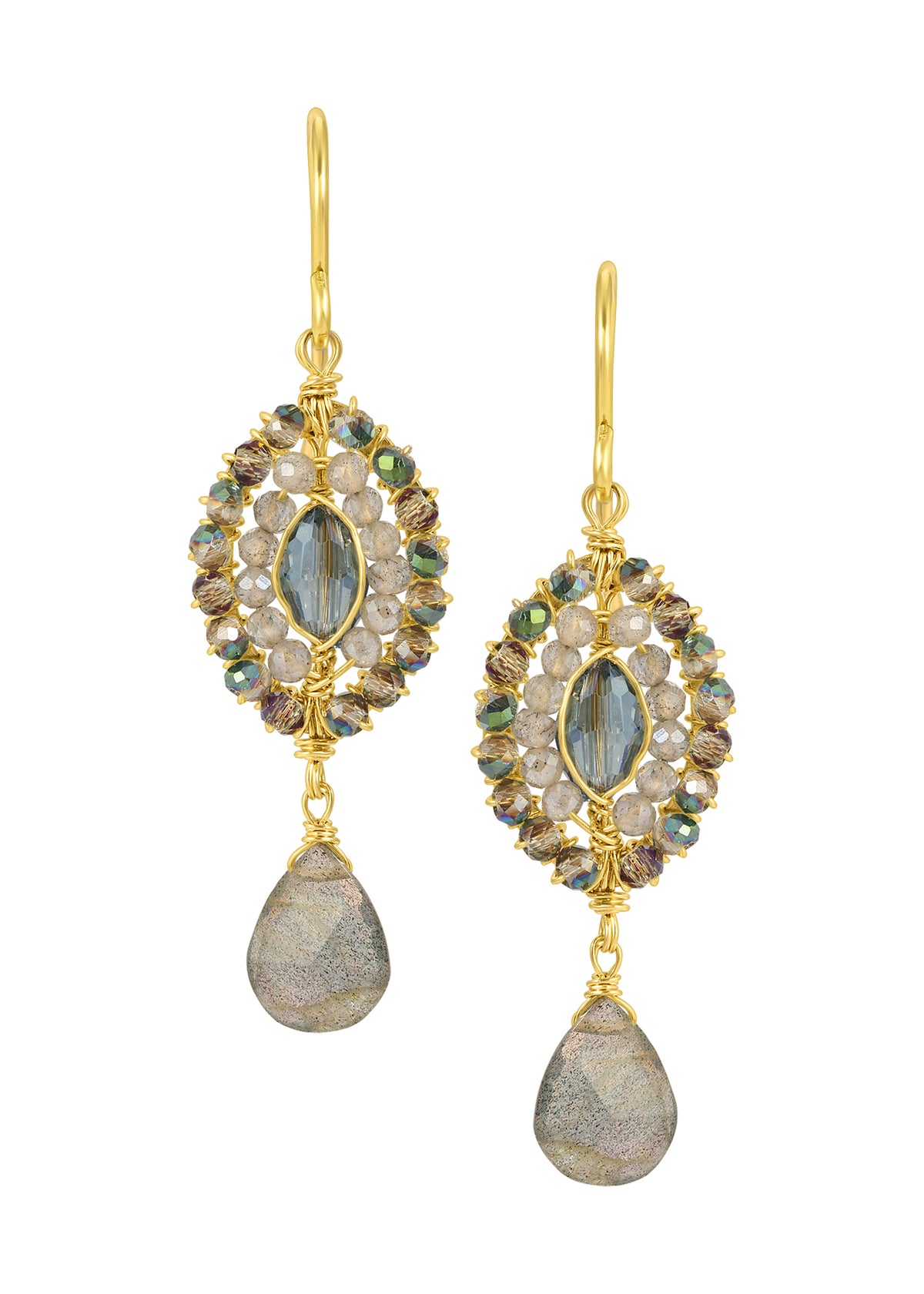 Marquis labradorite earrings in 14k gold fill with hand wire-wrapped faceted crystals and teardrop stone drops.