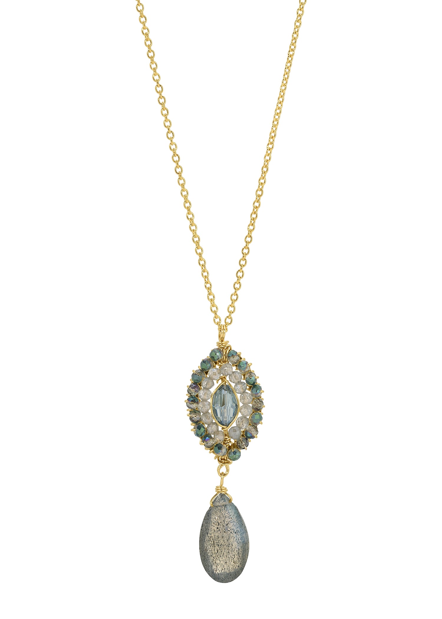 Marquis necklace with labradorite drop, 14k gold fill chain, and hand wire-wrapped faceted crystals on a 17-inch chain.