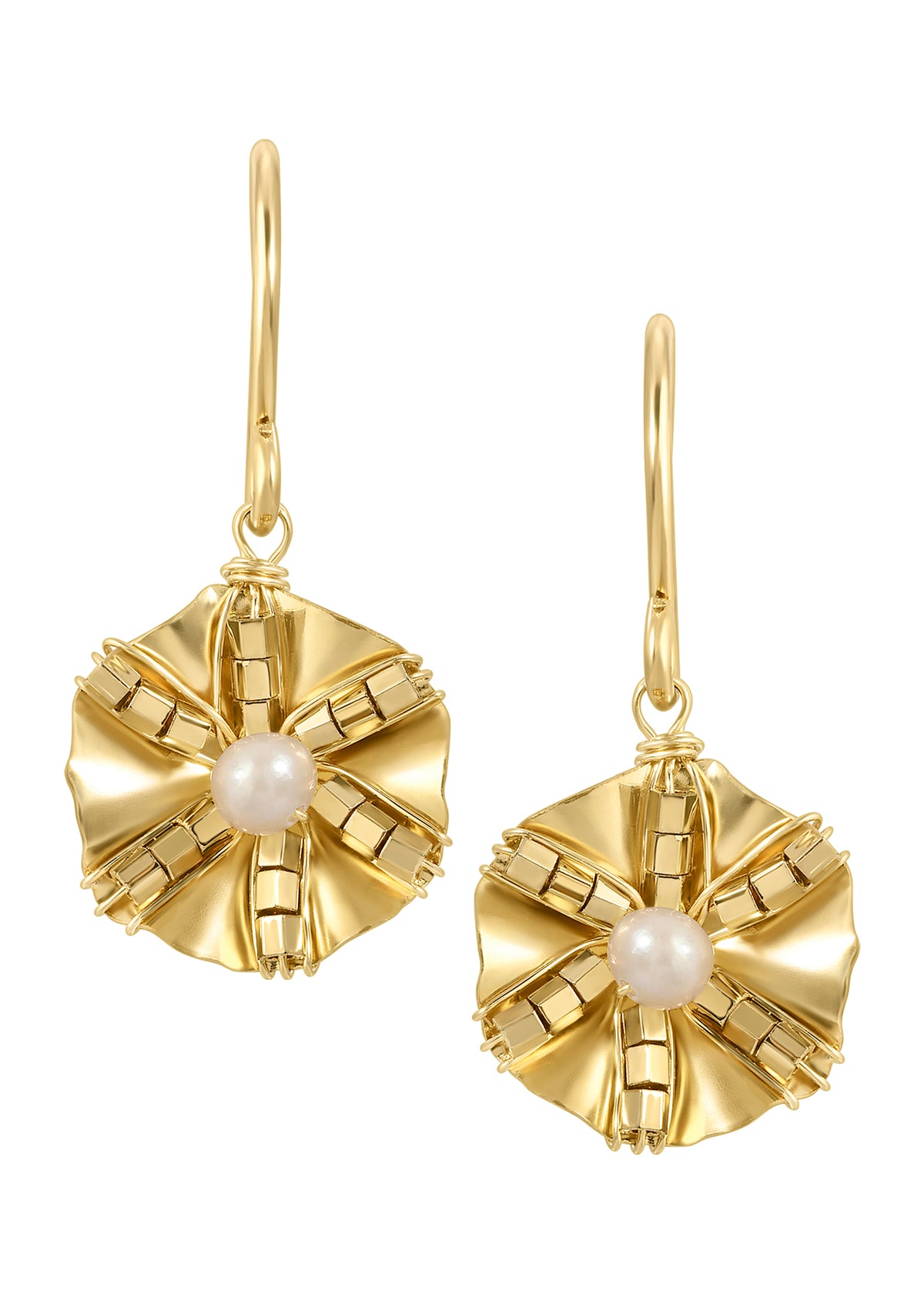 Freshwater pearl earrings with 14k gold fill, featuring hand wire-wrapped, ruffled flower petals and gold seed beads.
