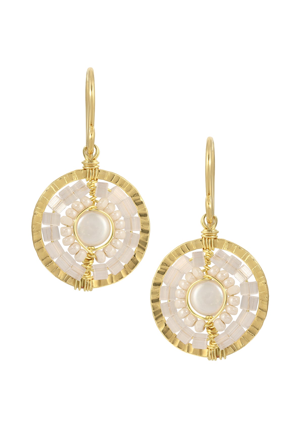 Freshwater pearl earrings in 14k gold fill with hand wire-wrapped seed beads in a circular, textured coin design.