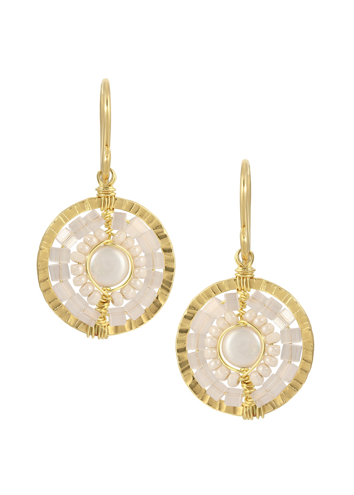 Freshwater pearl earrings in 14k gold fill with hand wire-wrapped seed beads in a circular, textured coin design.