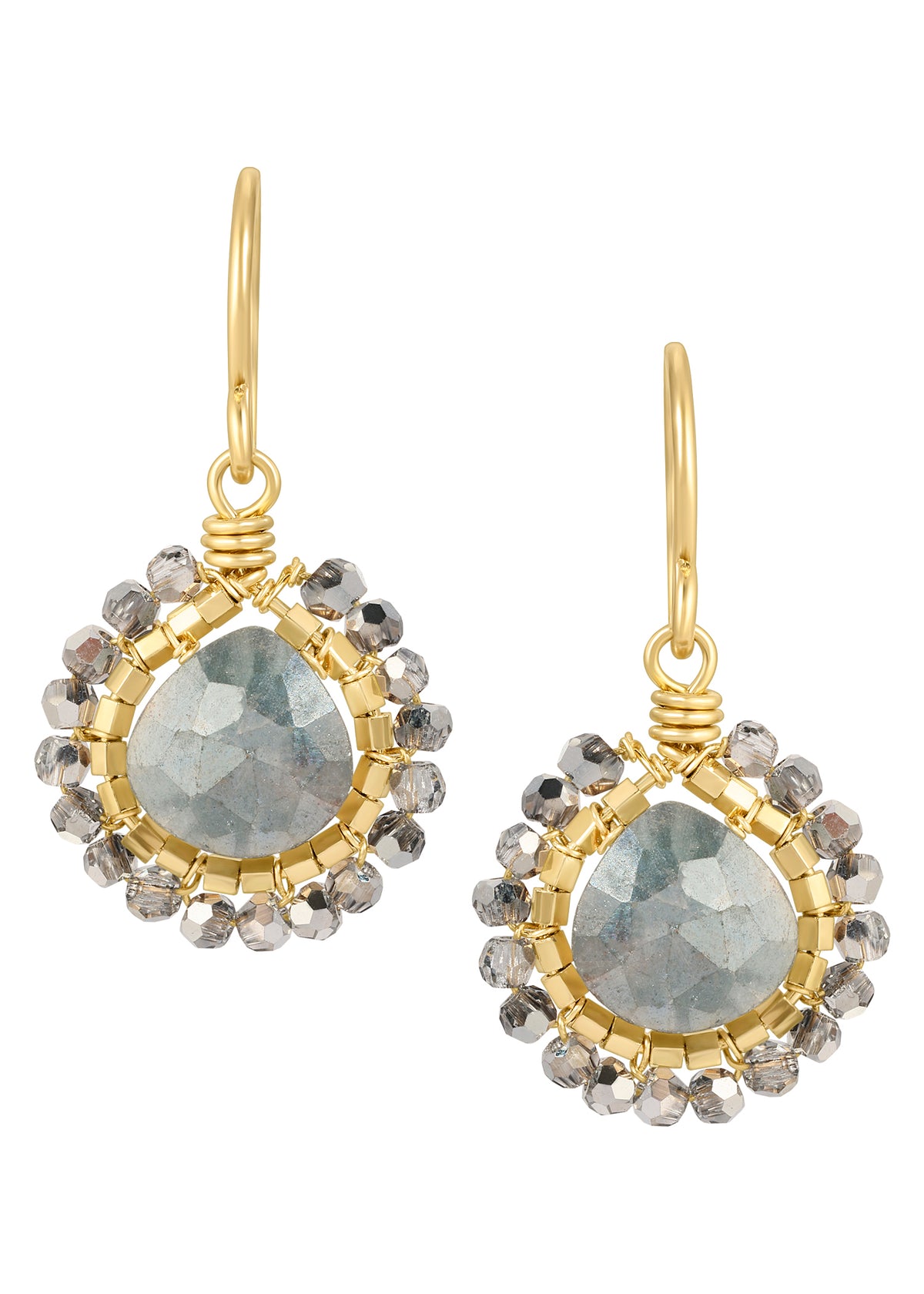 Silverite crystal earrings with 14k gold fill, hand wire-wrapped with grey seed beads in a round drop design.