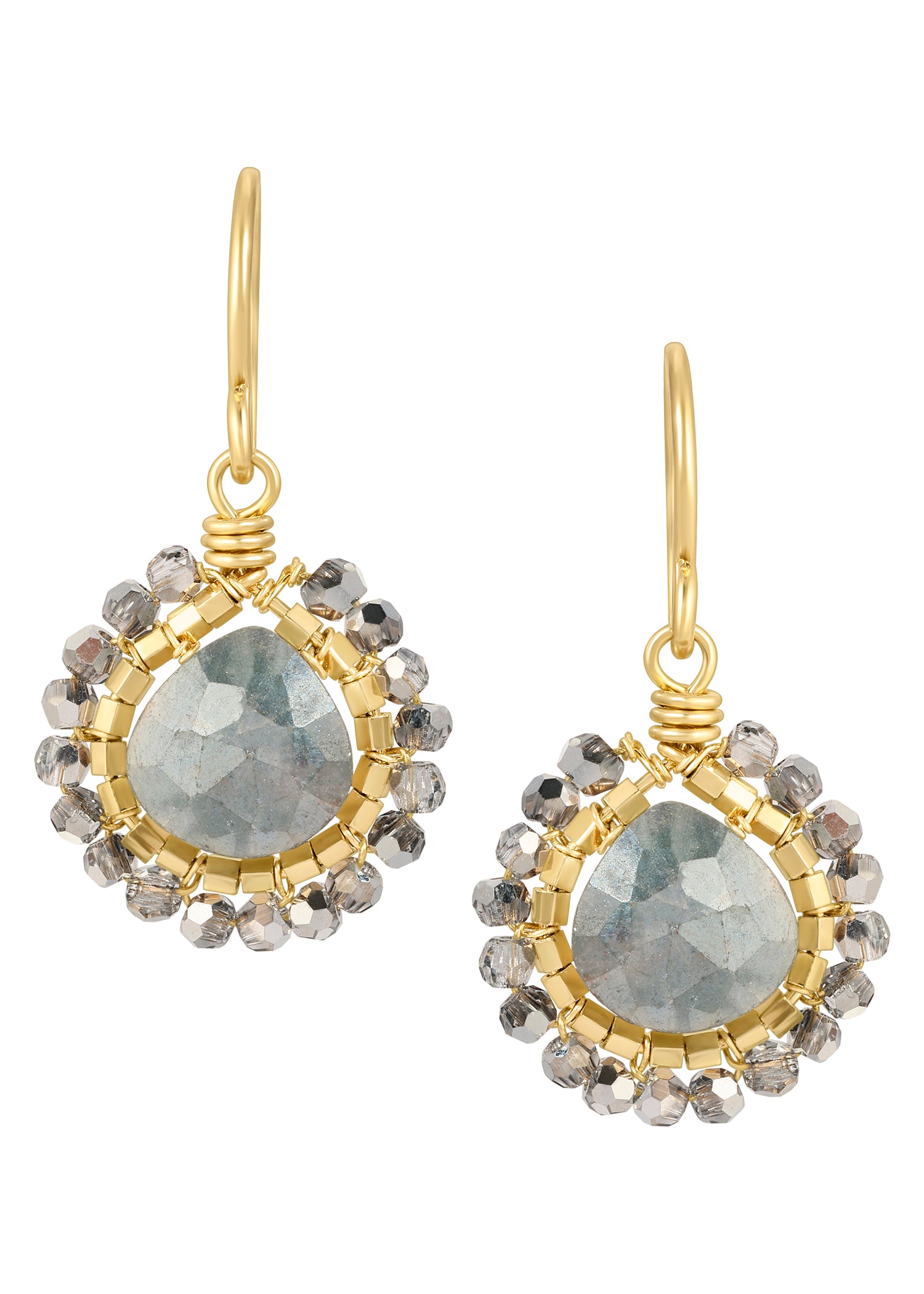 Silverite crystal earrings with 14k gold fill, hand wire-wrapped with grey seed beads in a round drop design.