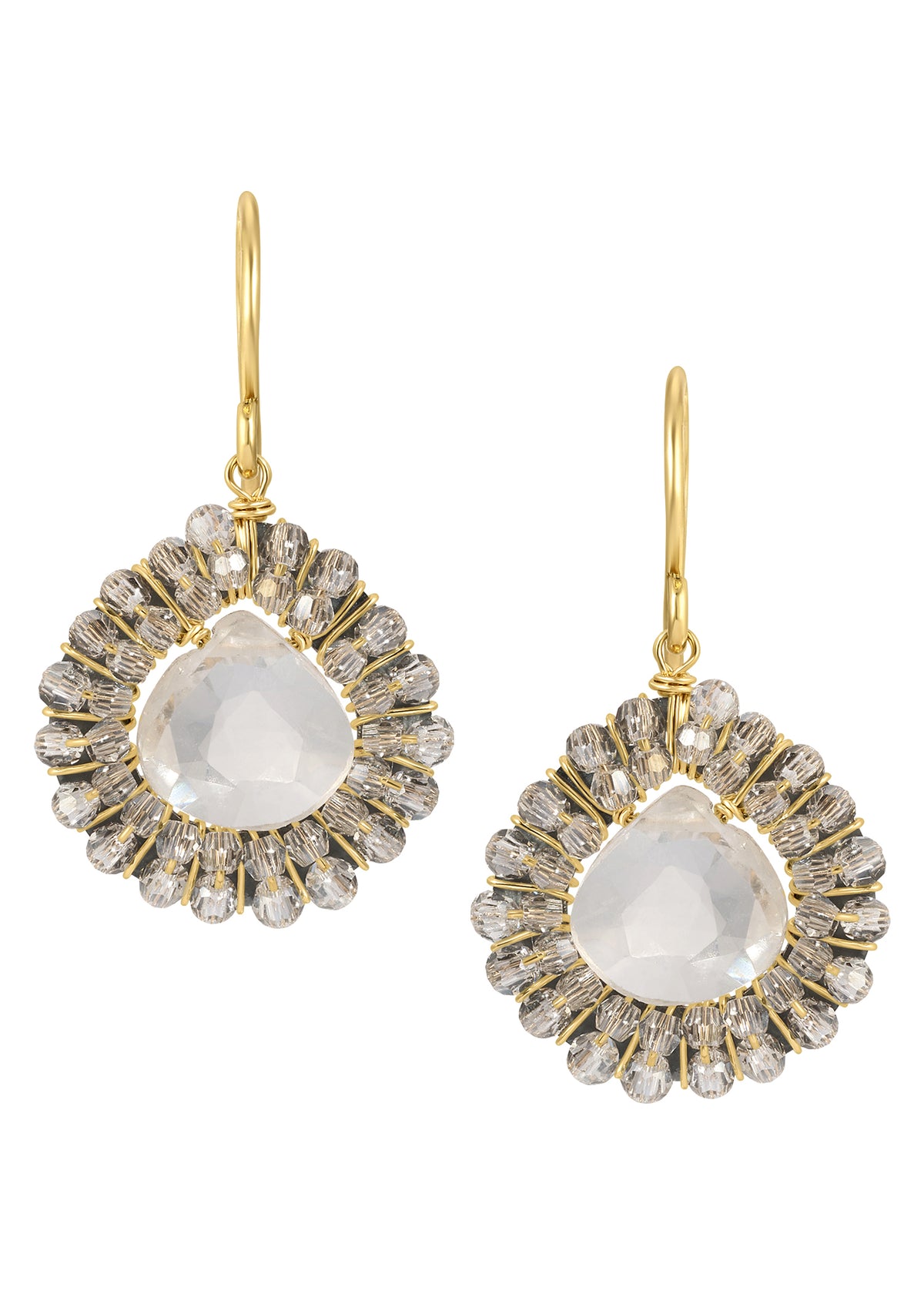 Crystal quartz teardrop earrings in 14k gold fill and blackened sterling silver with hand wire-wrapped crystal rows.