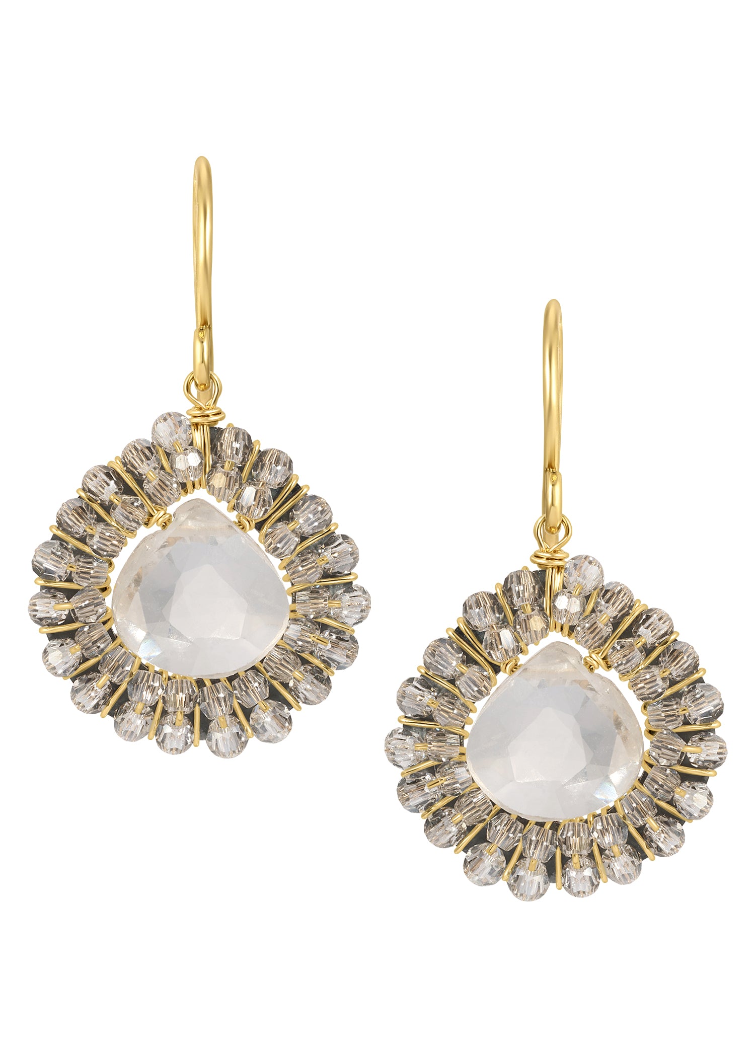 Crystal quartz teardrop earrings in 14k gold fill and blackened sterling silver with hand wire-wrapped crystal rows.
