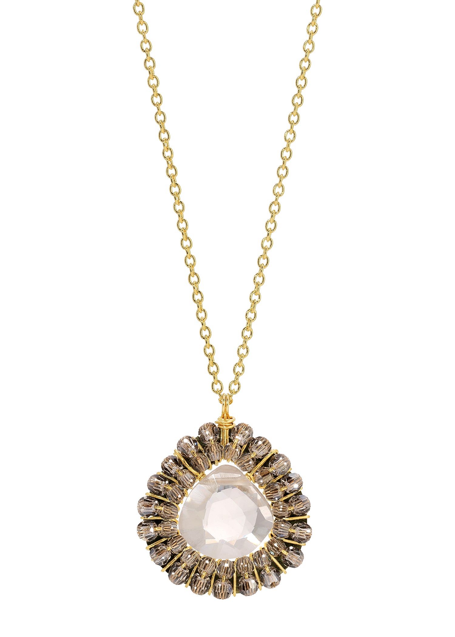 Crystal quartz teardrop necklace with blackened sterling silver, 14k gold fill, and hand wire-wrapped crystal accents.