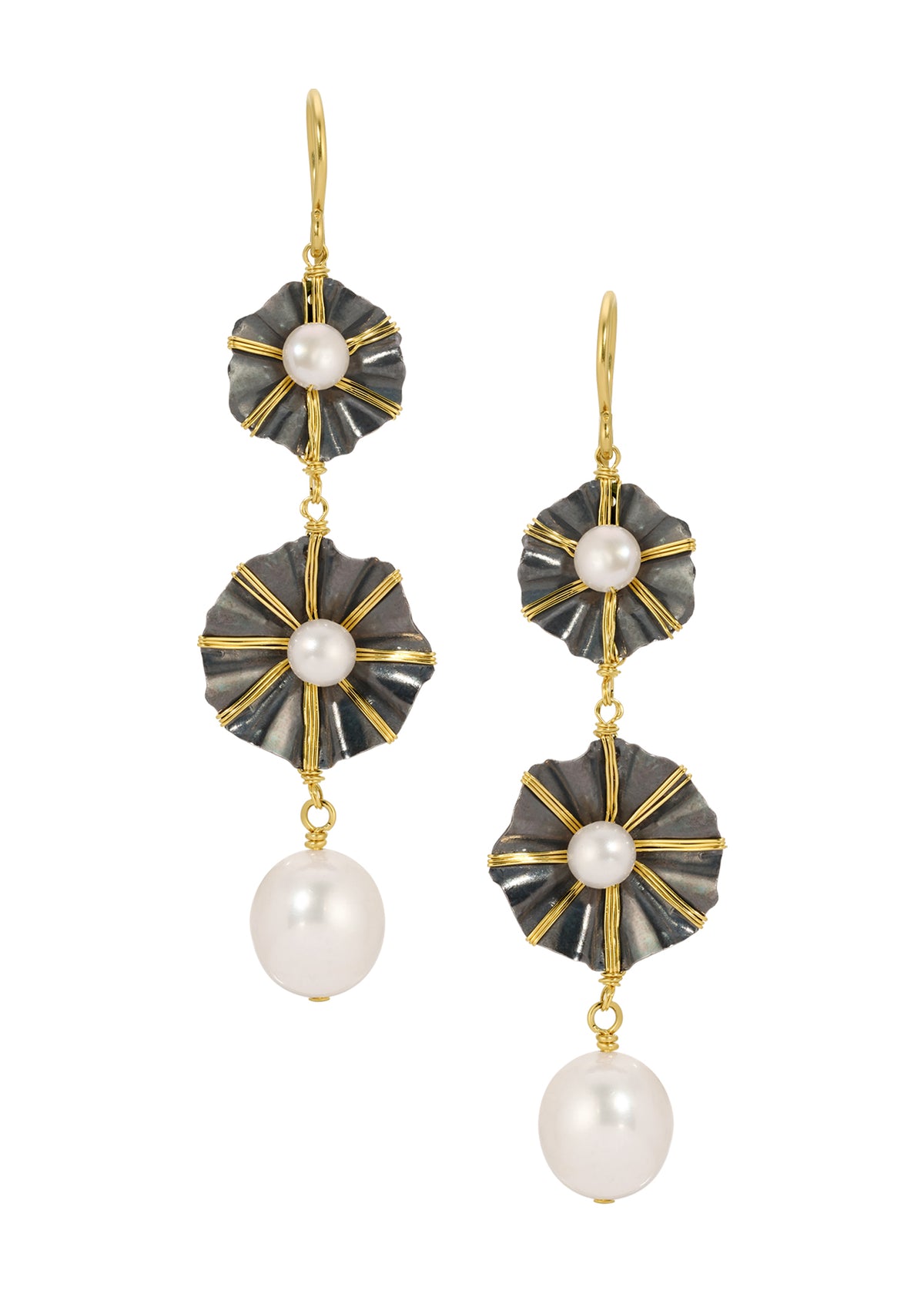 Freshwater pearl double drop earrings in blackened sterling silver and 14k gold fill with hand wire-wrapped flower shapes.