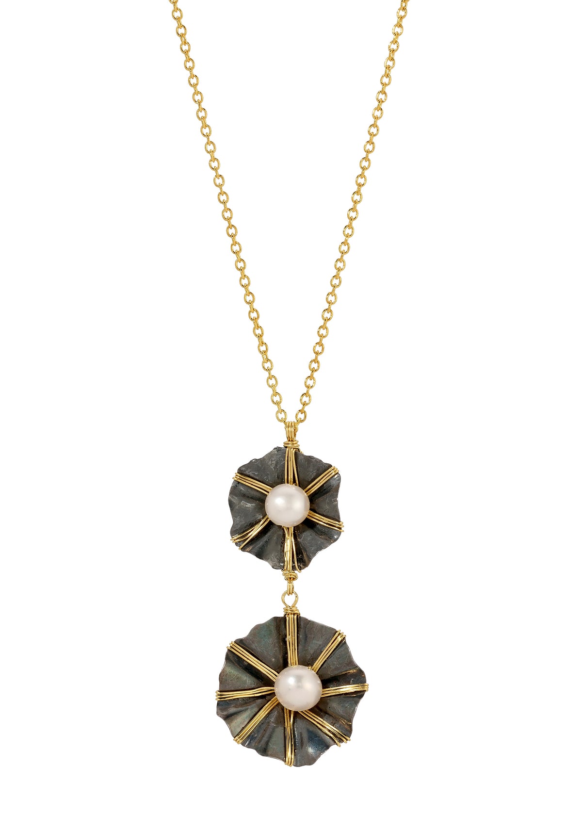 Double drop necklace with freshwater pearls, blackened sterling silver, and 14k gold fill hand wire-wrapped flower charms.