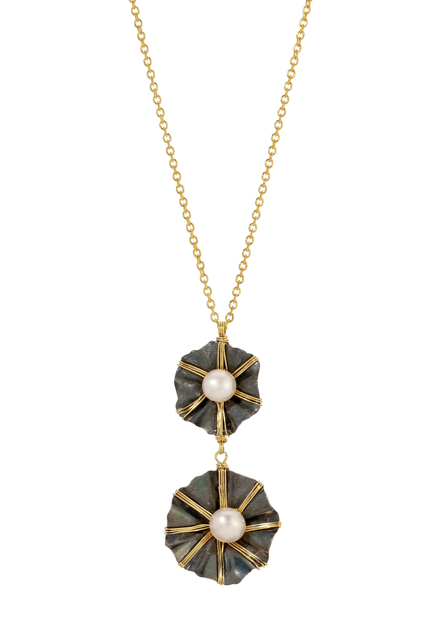 Double drop necklace with freshwater pearls, blackened sterling silver, and 14k gold fill hand wire-wrapped flower charms.