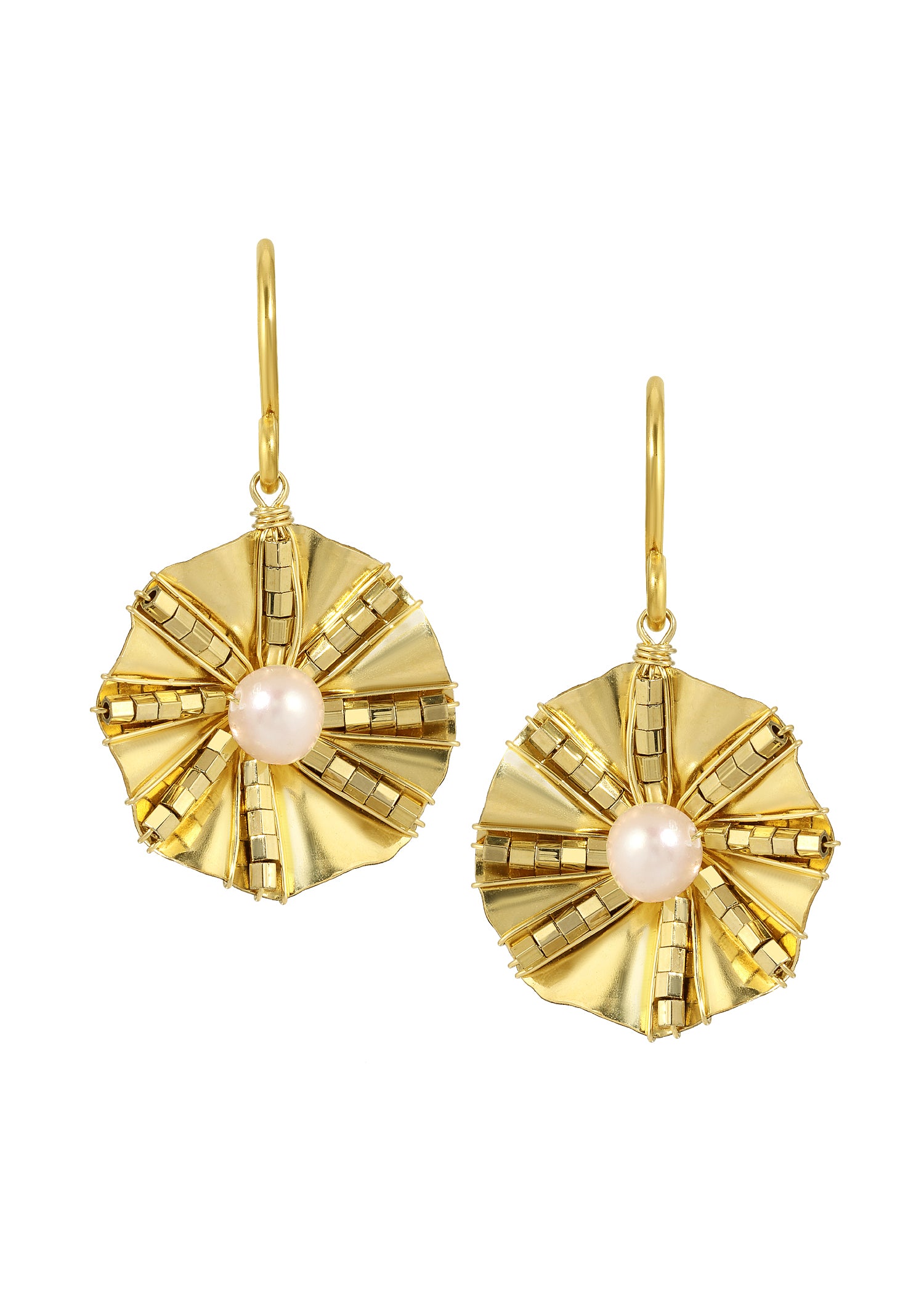 Freshwater pearl earrings with 14k gold fill seed beads on hand-ruffled flower shapes with hand wire-wrapped details.