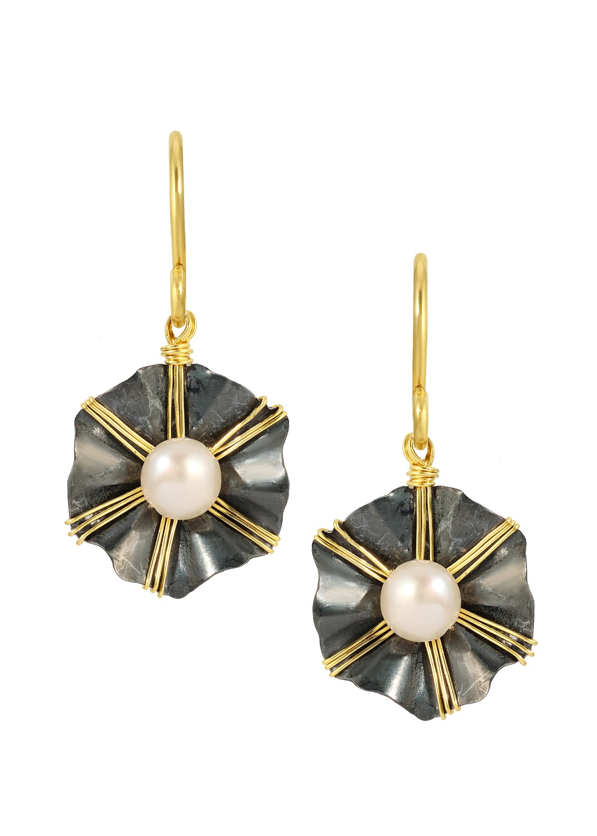 Freshwater pearl earrings in blackened sterling silver and 14k gold fill with hand wire-wrapped flower shapes.