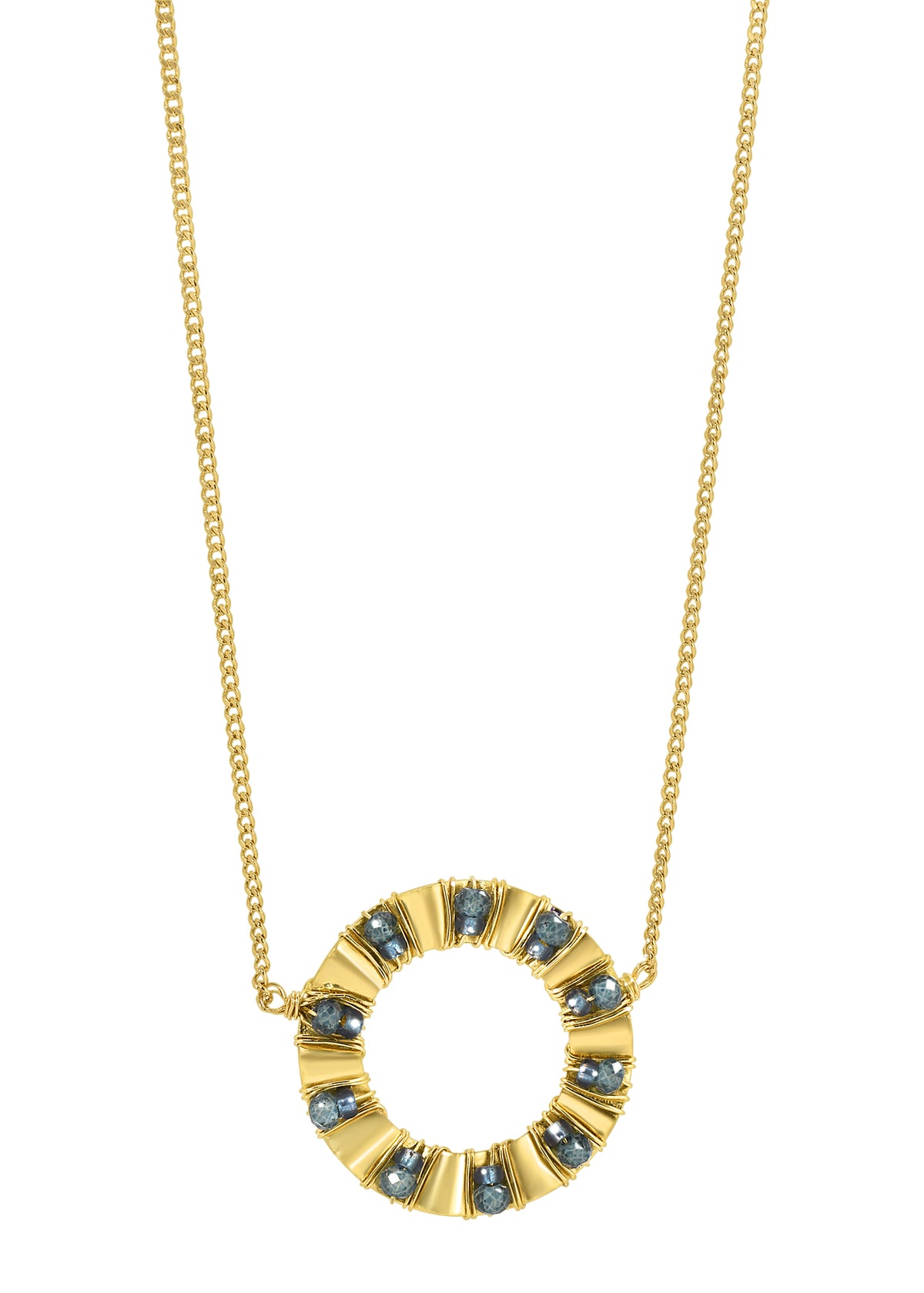 London blue quartz necklace in 14k gold fill with a hand wire-wrapped, round, ruffled flower pendant on a curb chain.