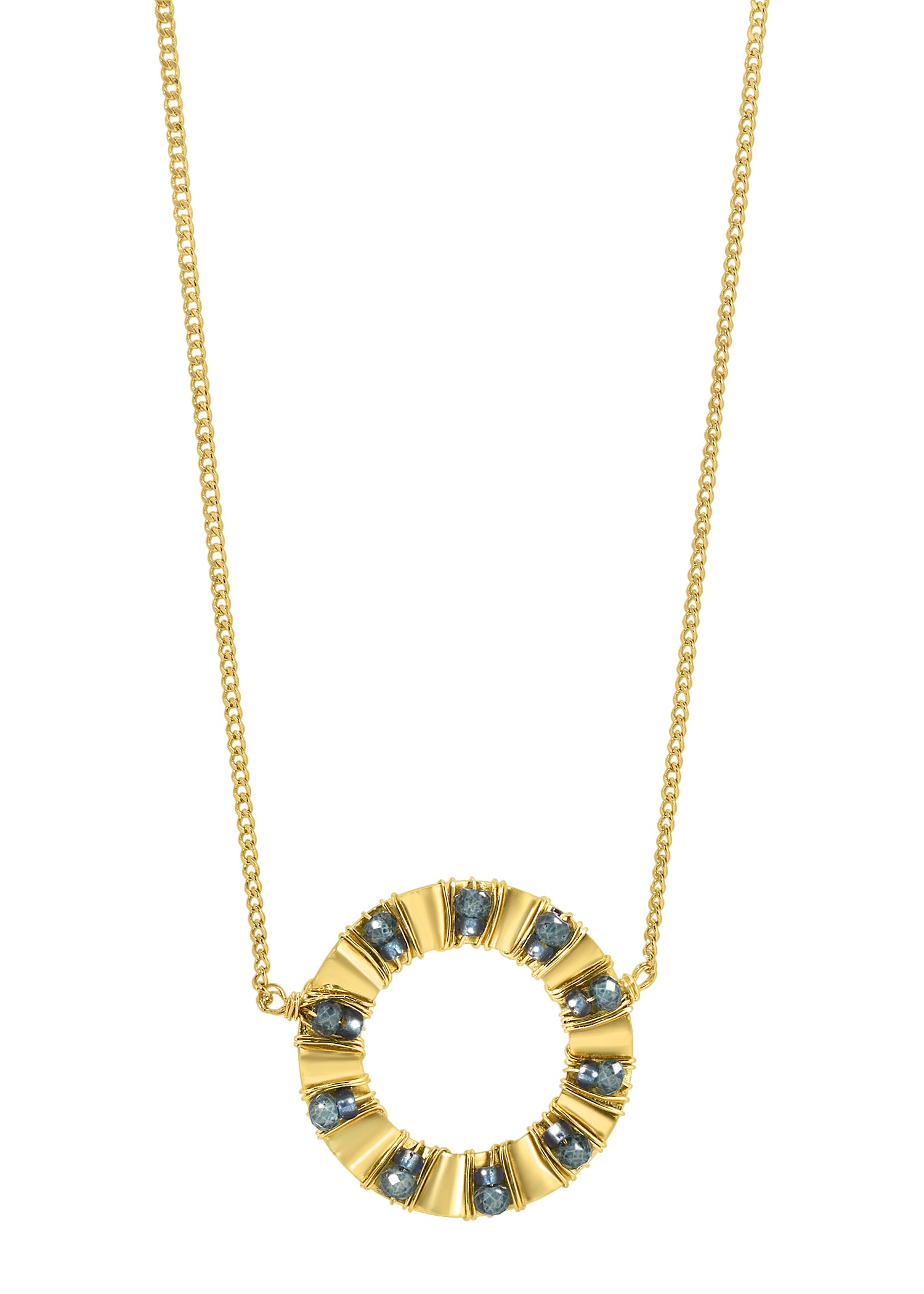 London blue quartz necklace in 14k gold fill with a hand wire-wrapped, round, ruffled flower pendant on a curb chain.