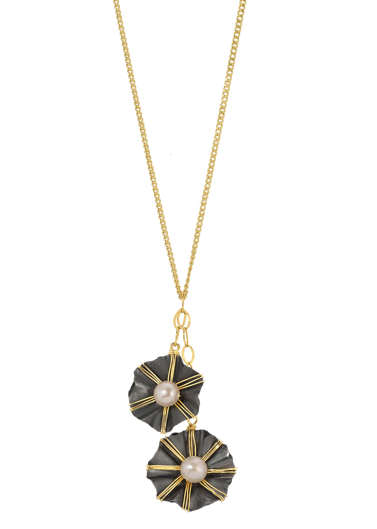 Lariat necklace with freshwater pearl, 14k gold fill, and blackened sterling silver hand wire-wrapped flower pendants.