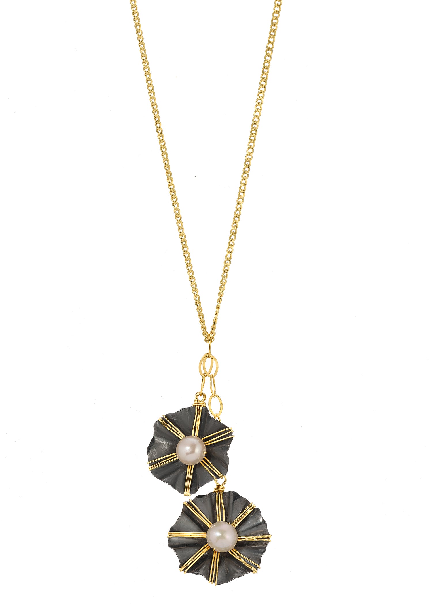 Lariat necklace with freshwater pearl, 14k gold fill, and blackened sterling silver hand wire-wrapped flower pendants.