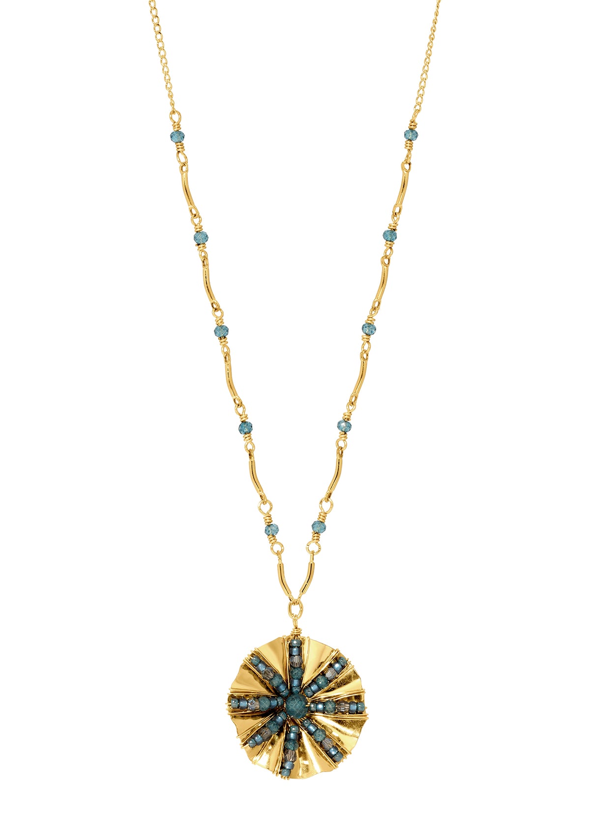 Morning Glory necklace with London blue quartz on 14k gold fill curved link chain and hand-ruffled indigo flower pendant.
