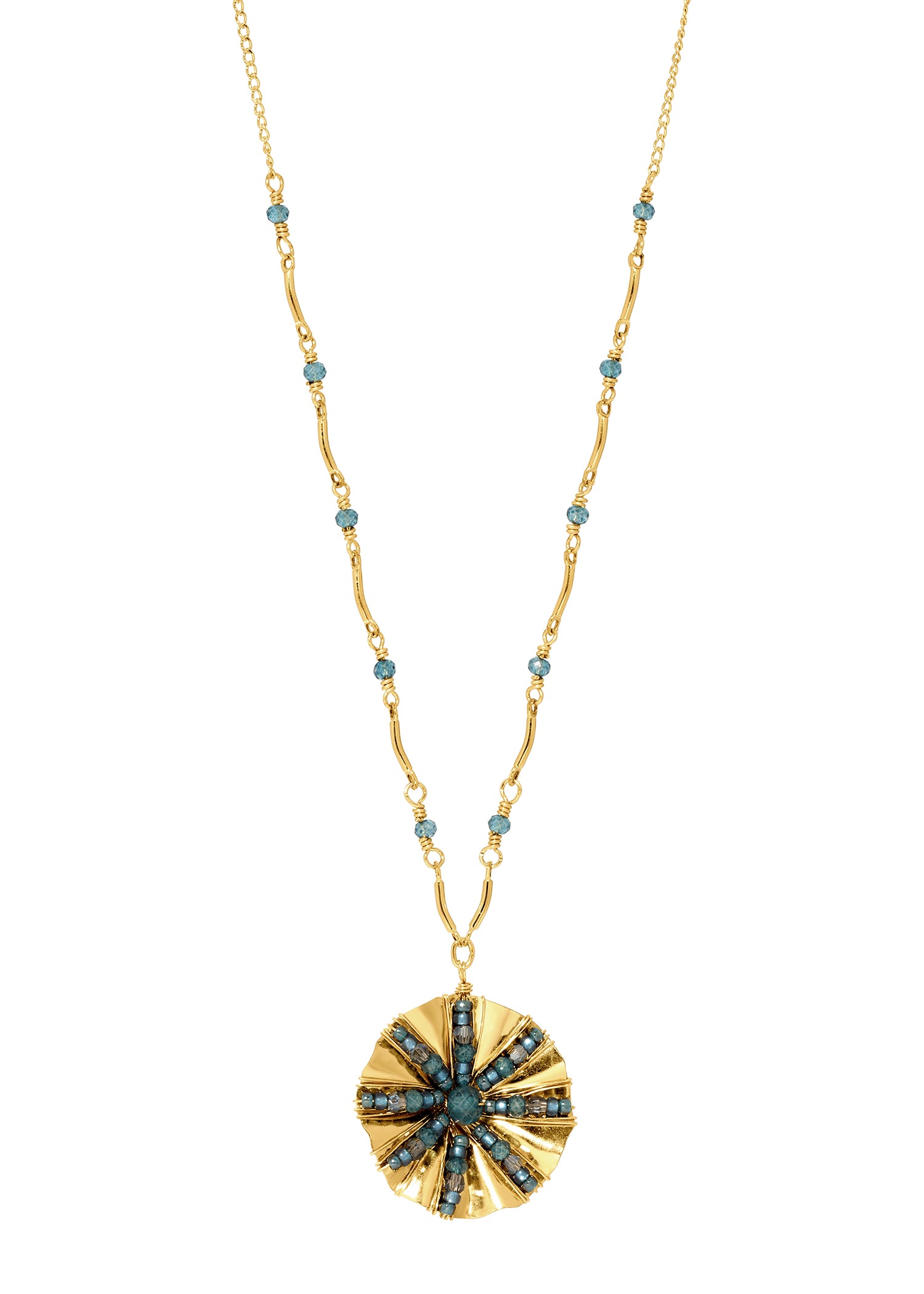 Morning Glory necklace with London blue quartz on 14k gold fill curved link chain and hand-ruffled indigo flower pendant.