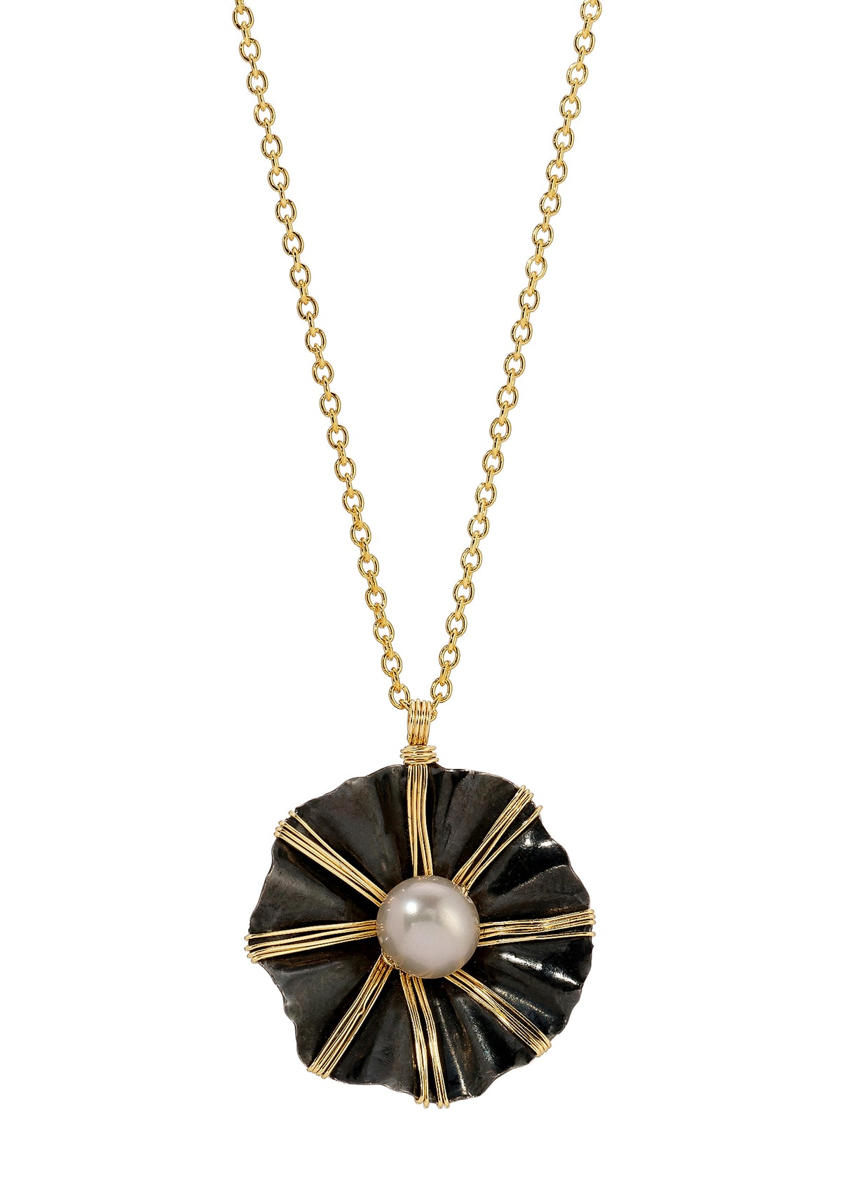 Freshwater pearl necklace with blackened sterling silver flower pendant, 14k gold fill accents, and hand wire-wrapped detail.