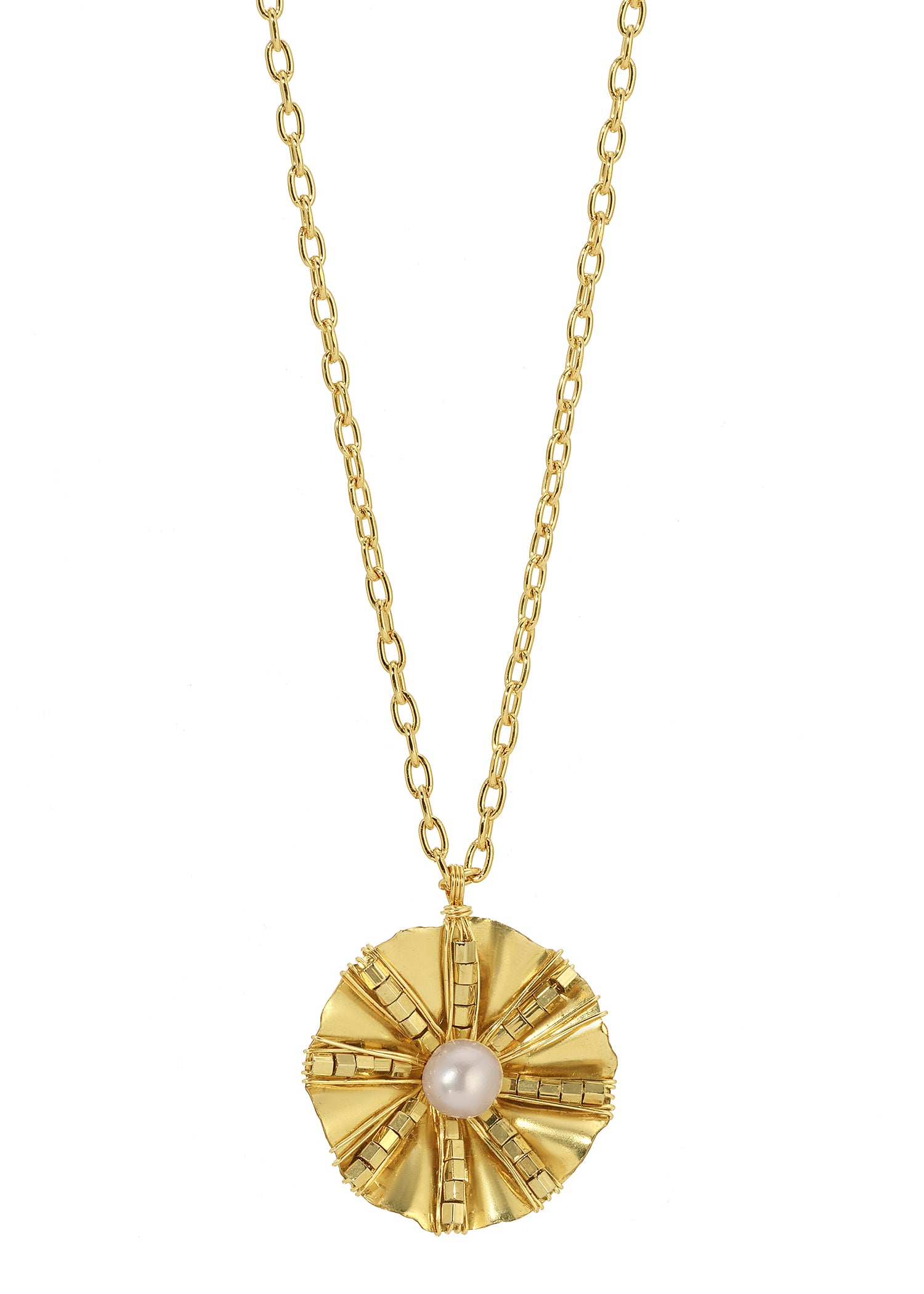 Freshwater pearl pendant with 14k gold fill hand-ruffled flower and seed beads on a matching chain.