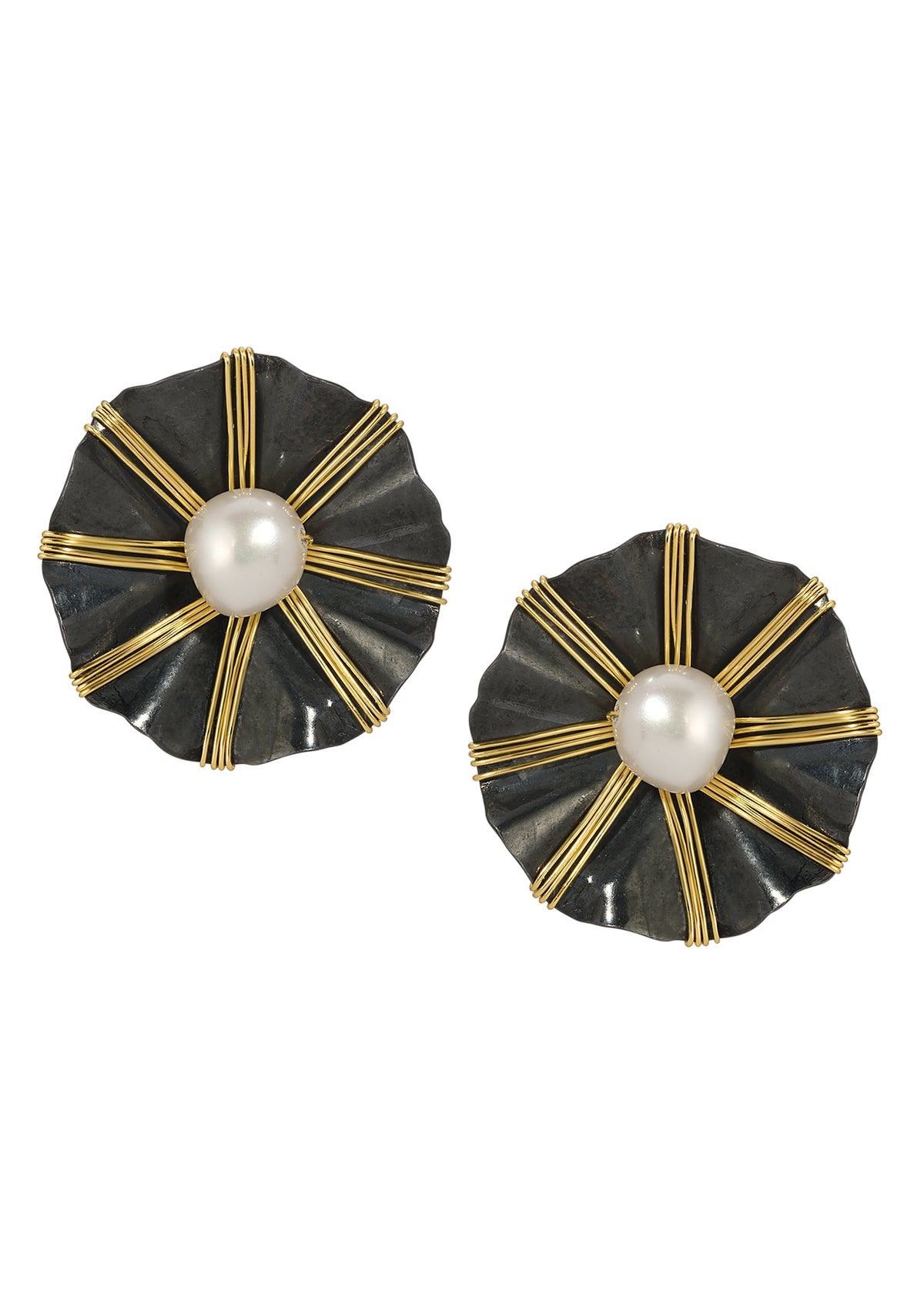 Freshwater pearl studs with 14k gold fill wire-wrapped on blackened sterling silver, round flower-shaped earrings.