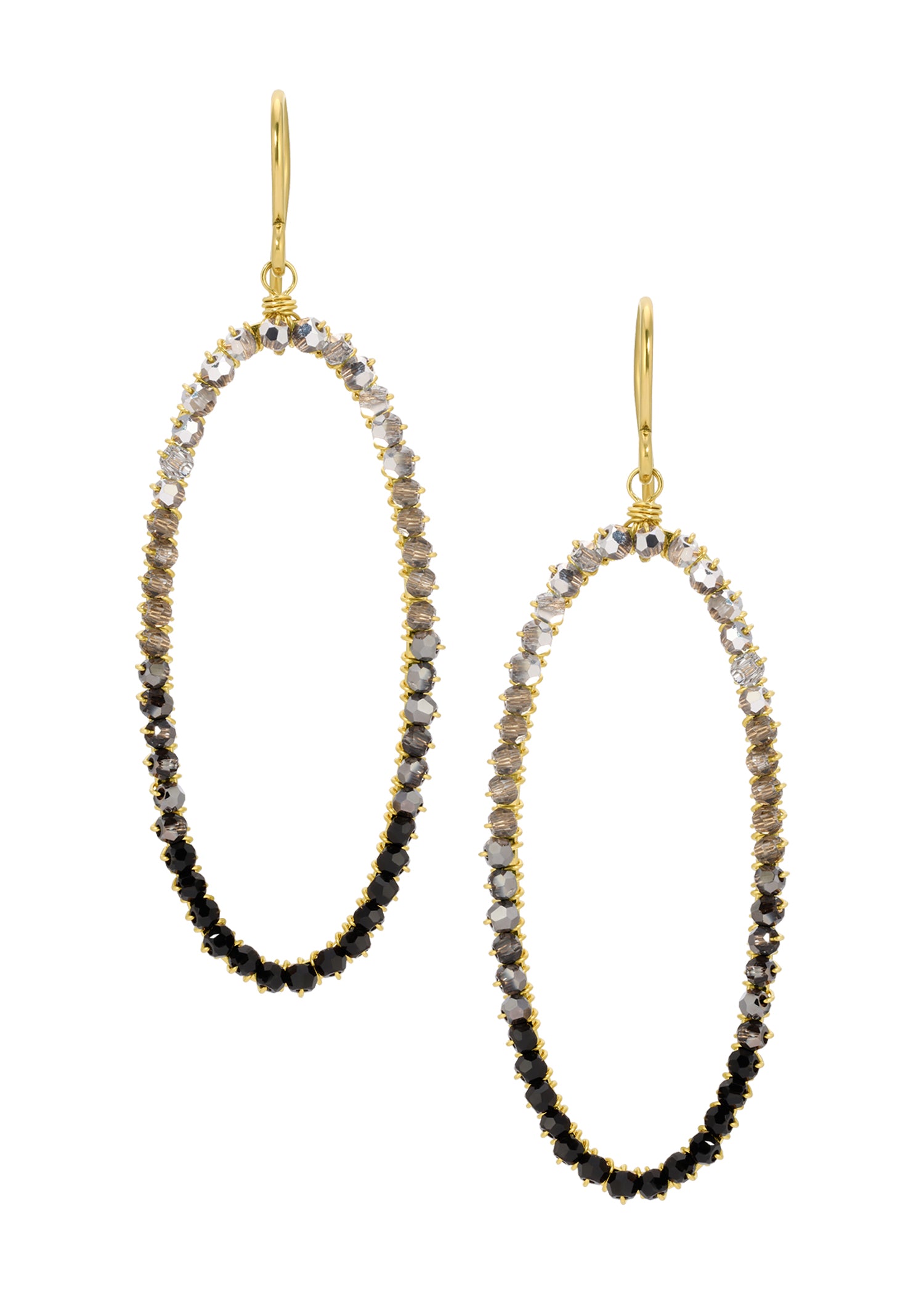 Crystal oval hoop earrings in 14k gold fill with hand wire-wrapped metallic gradient crystals.